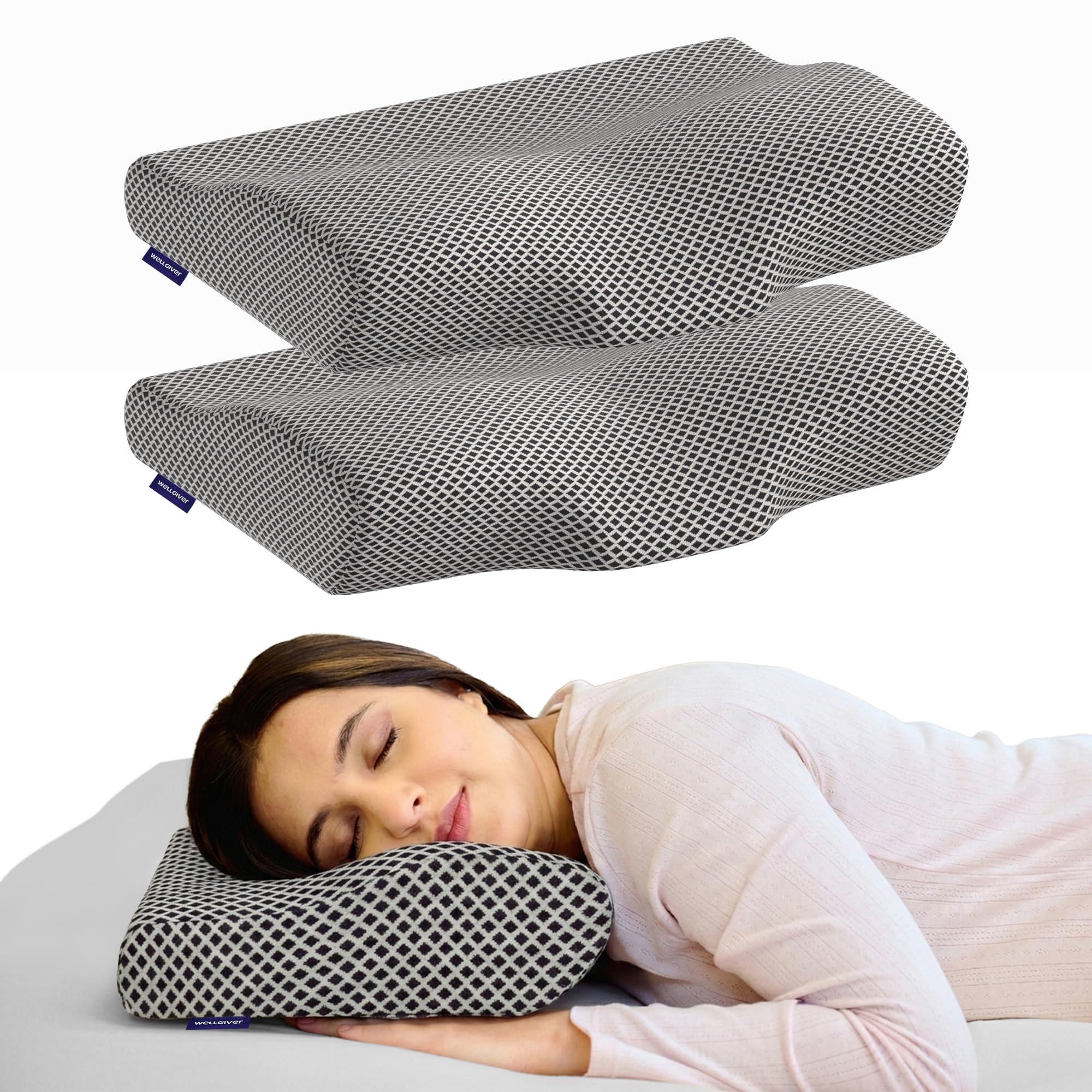 WELLGIVER Cervical Memory Foam Pillow for Neck Pain | 2 Year Warranty | 19 x 11 x 4 Inch Standard | Orthopedic Pillow Spondylitis NecK Shoulder Pain | Washable Jacquard Midnight Blue Cover | Pack of 2