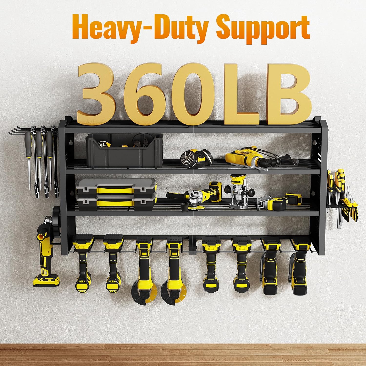 Tomorotec 4-Layer Wall-Mounted Power Tool Storage Rack, Heavy-Duty Steel Drill Organizer with Adjustable Shelves & Side Hooks for Toolbox, Easy Installation Garage & Workshop Storage (Black)
