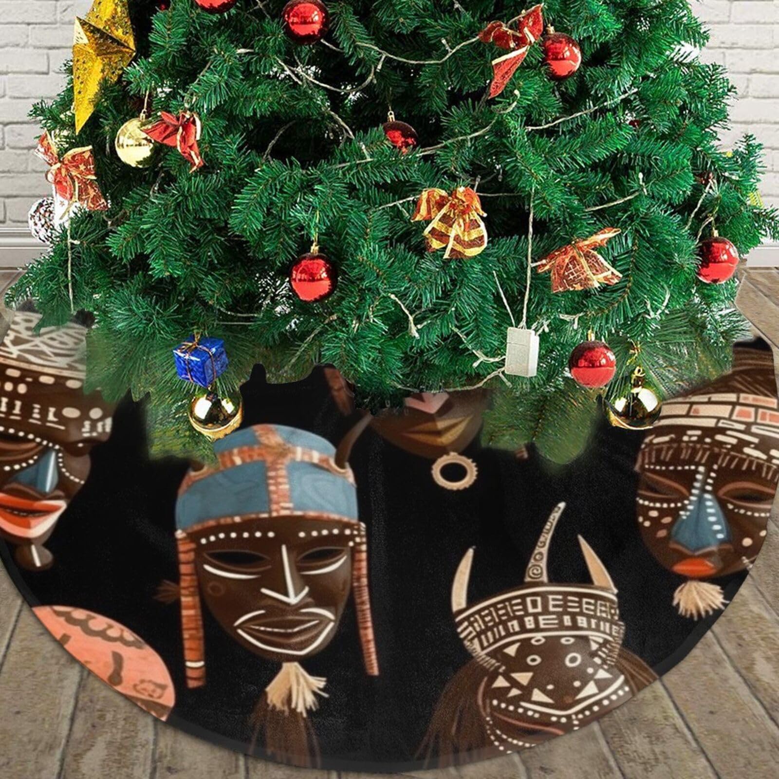 African Ritual Ethnic Tribal Christmas Tree Skirt 48" Plush Soft Artificial Tree Mat Cover Merry Christmas Xmas Tree Skirt for Christmas Decoration Holiday Indoor Outdoor Winter Party Decor