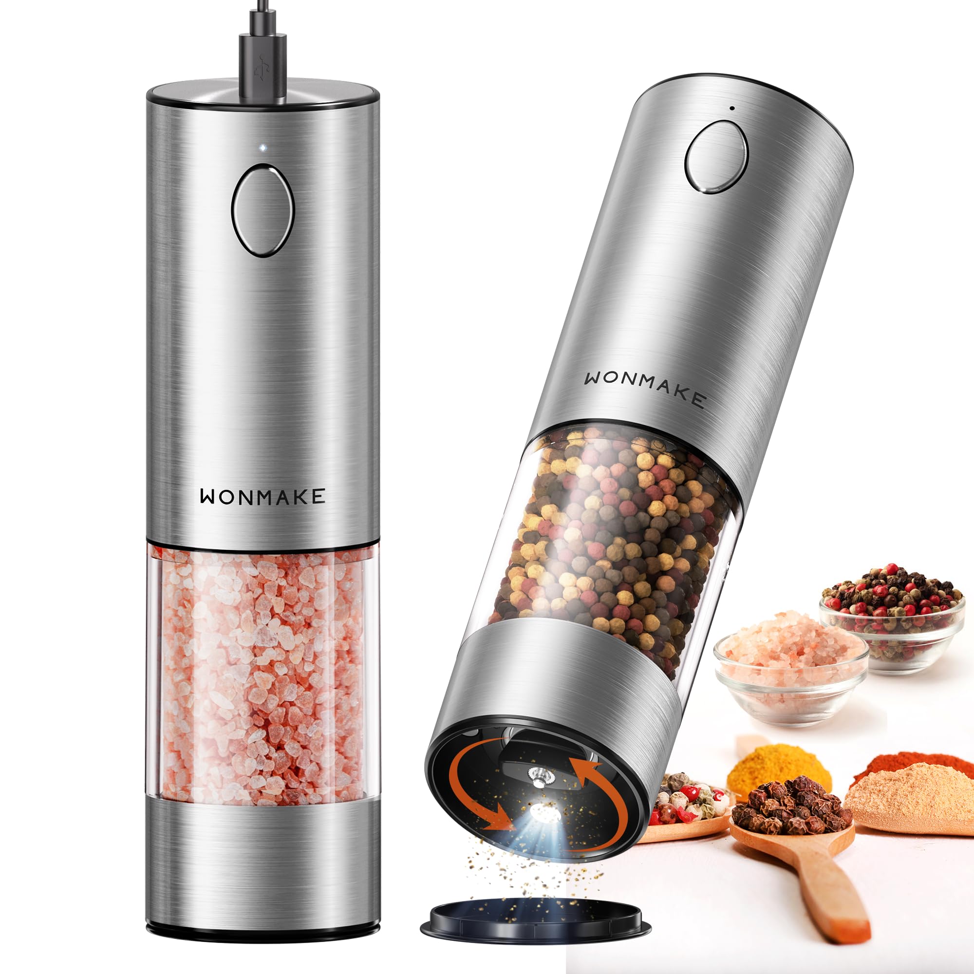 WONMAKE Salz und Pfeffermühle elektrisch Set mit verstellbarem Keramikmahlwerk,USB Wiederaufladbar Salz und Pfeffermühle, LED-Licht,großem Fassungsvermögen,für Küche
