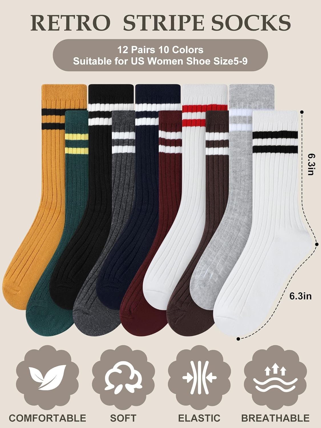 Shihanee 12 Pairs Womens Retro Striped Crew Socks Athletic Tube Boot Socks for Casual Cozy Workout Running Gym, Size 5-9 - Image 3
