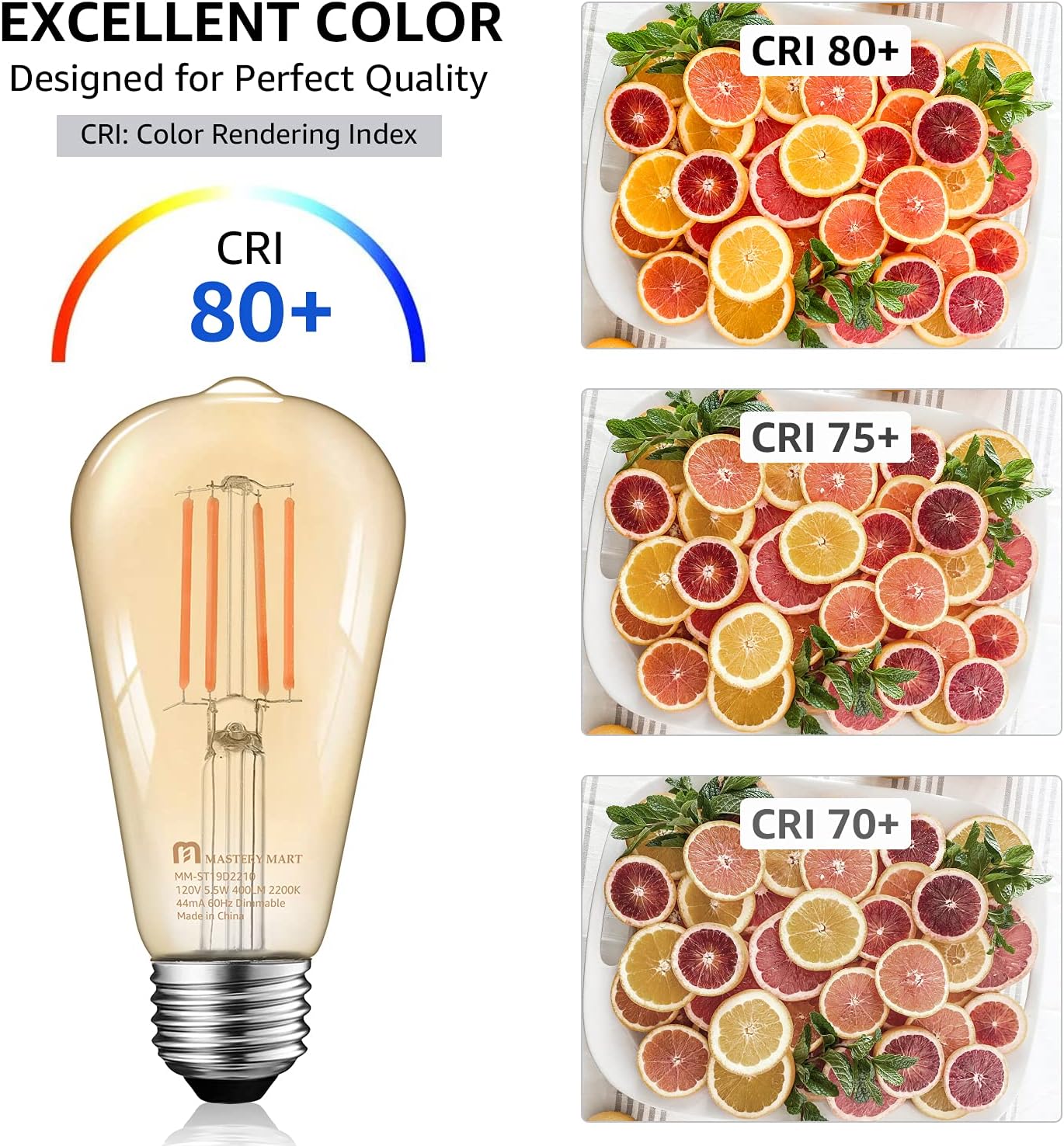 MASTERY MART Dimmable Vintage E26 LED Light Bulb, 2200K Warm White, 5.5W 60W Equivalent, Glass ST19 Antique Edison Style, 400 LM, Decorative Filament Bulb, UL and Energy Star, 10 Pack