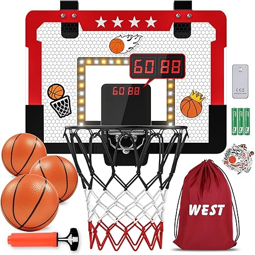 Miniatura 8 de Aro de baloncesto para interiores para niños, mini aro de baloncesto con doble marcador electrónico y luz LED, juguetes de regalo de baloncesto