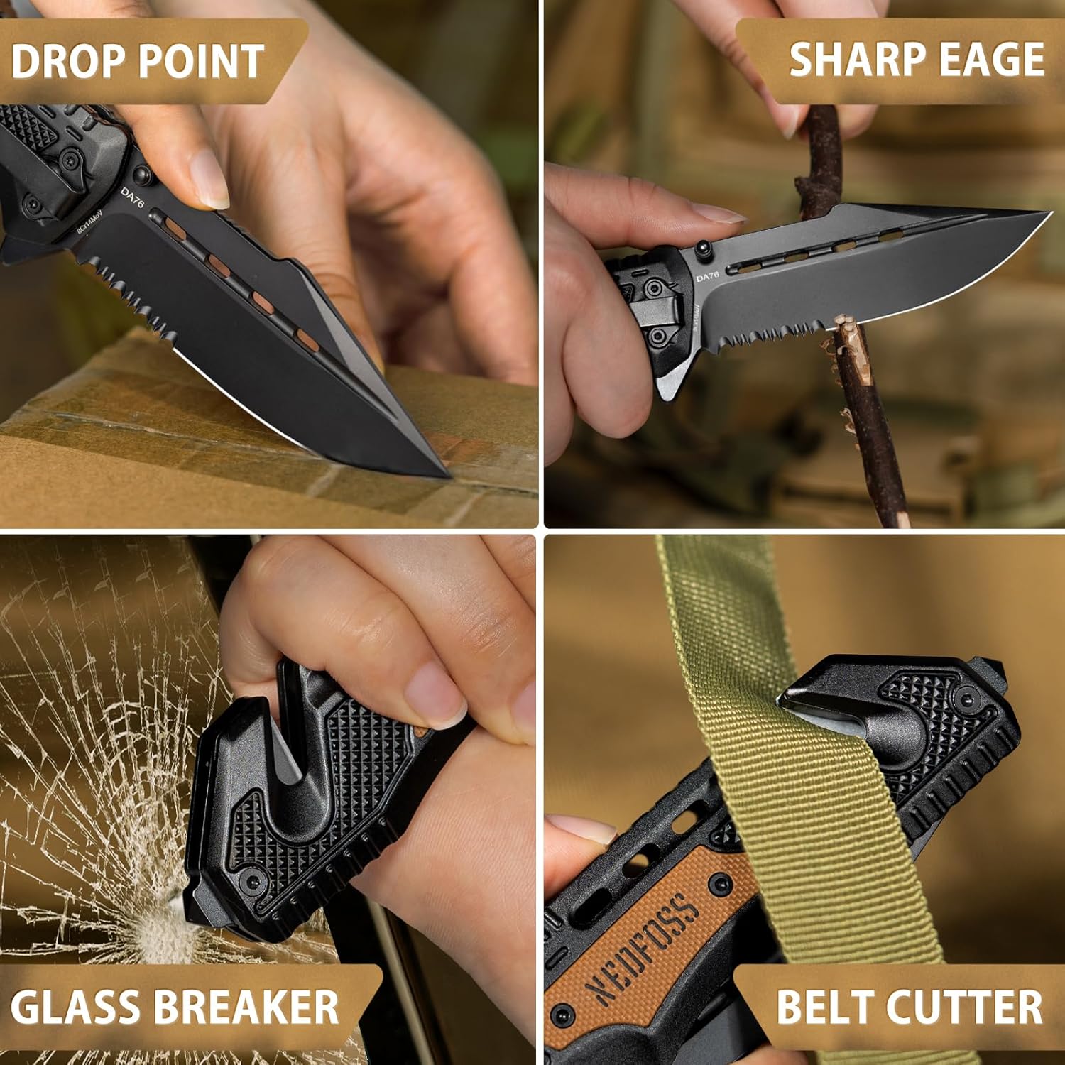 NedFoss Pocket Knife DA76, 3-in-1 Pocket Knife for Men Box Cutter, 3.7“ 8Cr14MoV Serrated Blade Folding Hunting Survival Knife with Liner-Lock Seat Belt Cutter & Glass Breaker,Tacical Knife for Camping, Outdoor, Ideal Gifts for Men Women (Serrated Edge)
