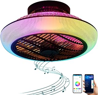 Bladeless Ceiling Fan With Lights Modern Bluetooth Ceiling Fan with Light and Speaker 6-Speed Remote Control 93 Color Flush Mount Enclosed Low Profile Ceiling Fan for Boys Girls Kids Bedroom