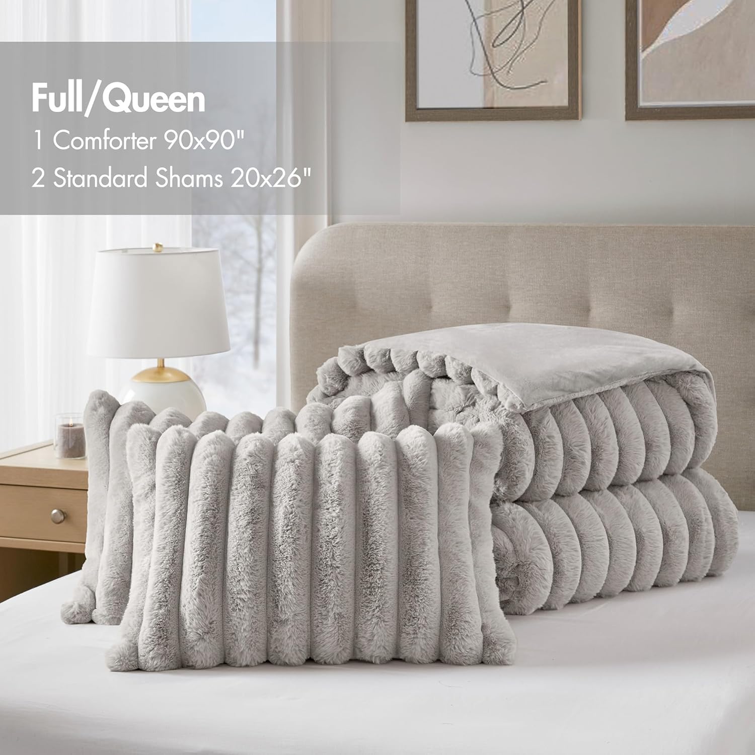 Madison Park Jasmine Queen Comforter Set, Luxurious Reversible Faux Fur Plush Ribbed Velvet Bedding, Fuzzy Thick Warm Winter Comforter, Super Soft Fluffy 3-Piece Set Light Grey