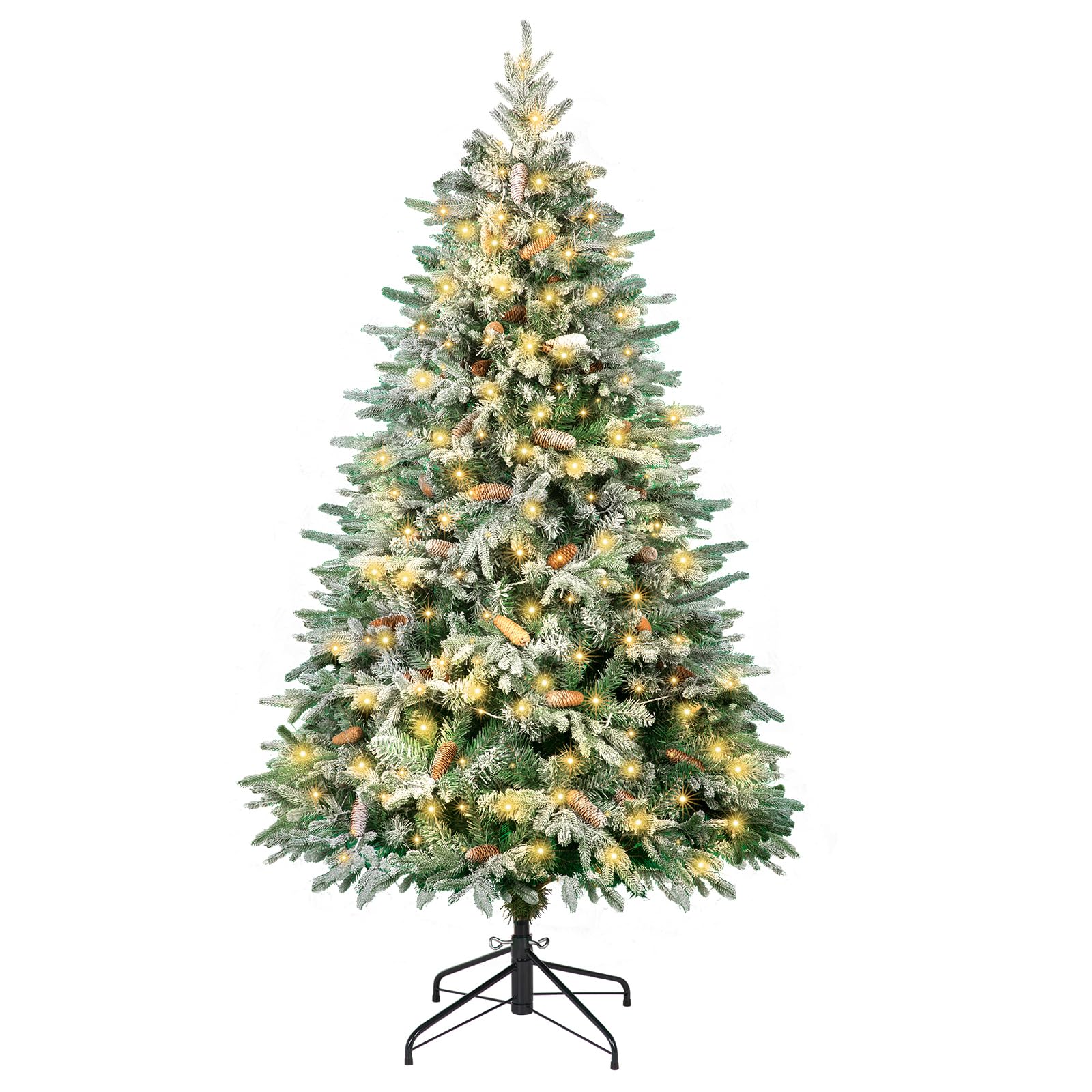 6 FT Pre-lit Christmas Tree, Snow Flocked Xmas Tree with 250 LED Lights, 1033 Branch Tips, Pine Cones, Foldable Metal Stand, Holiday Party Office Decoration Indoor Outdoor Home Decor Full Tree