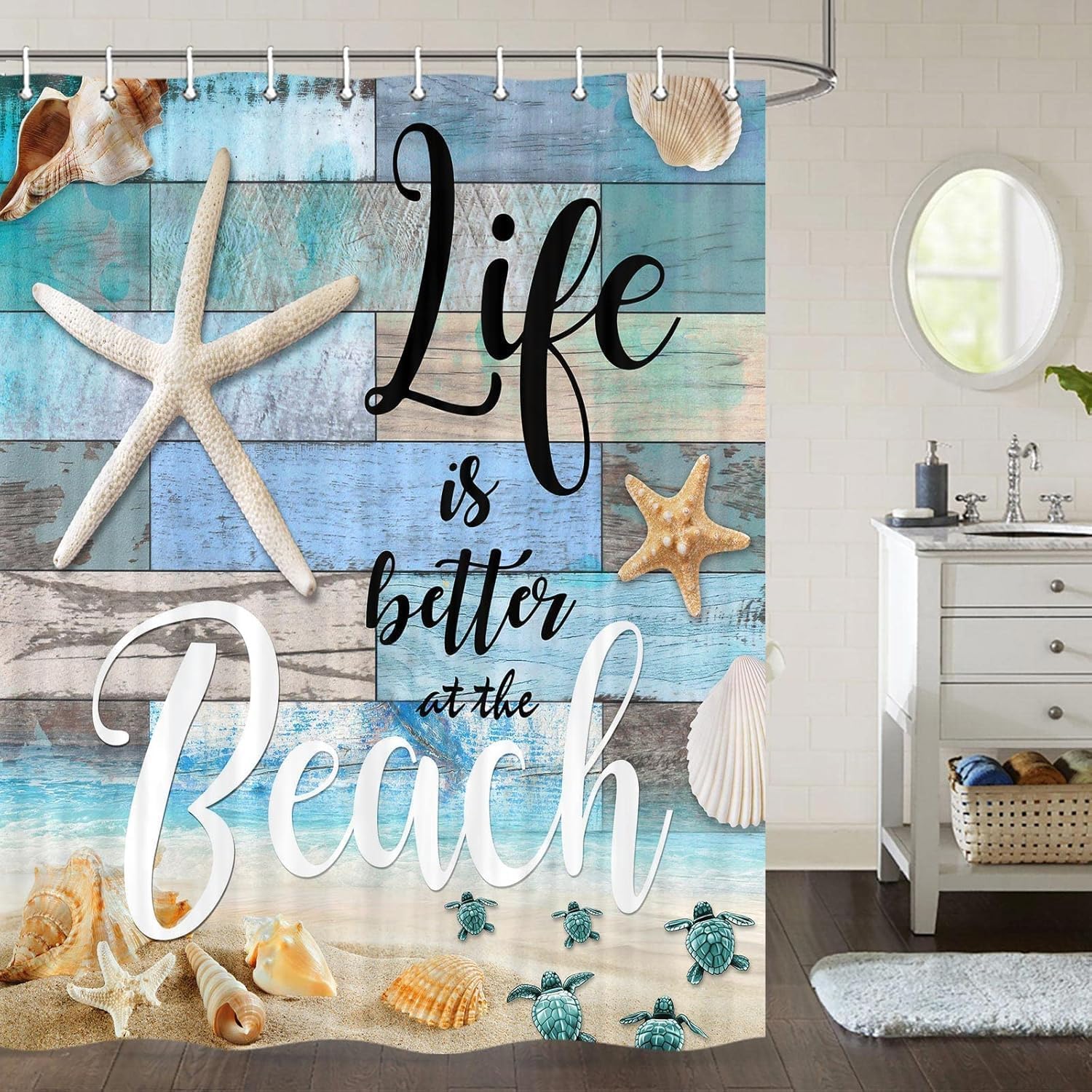 DYNH Beach Shower Curtain, Seashell Starfish on Rustic Wooden Shower Curtain for Bathroom, Blue Ocean Sea Turtle Bathroom Shower Curtains Motivational Animal Shower Curtain Hooks Include,72X84IN