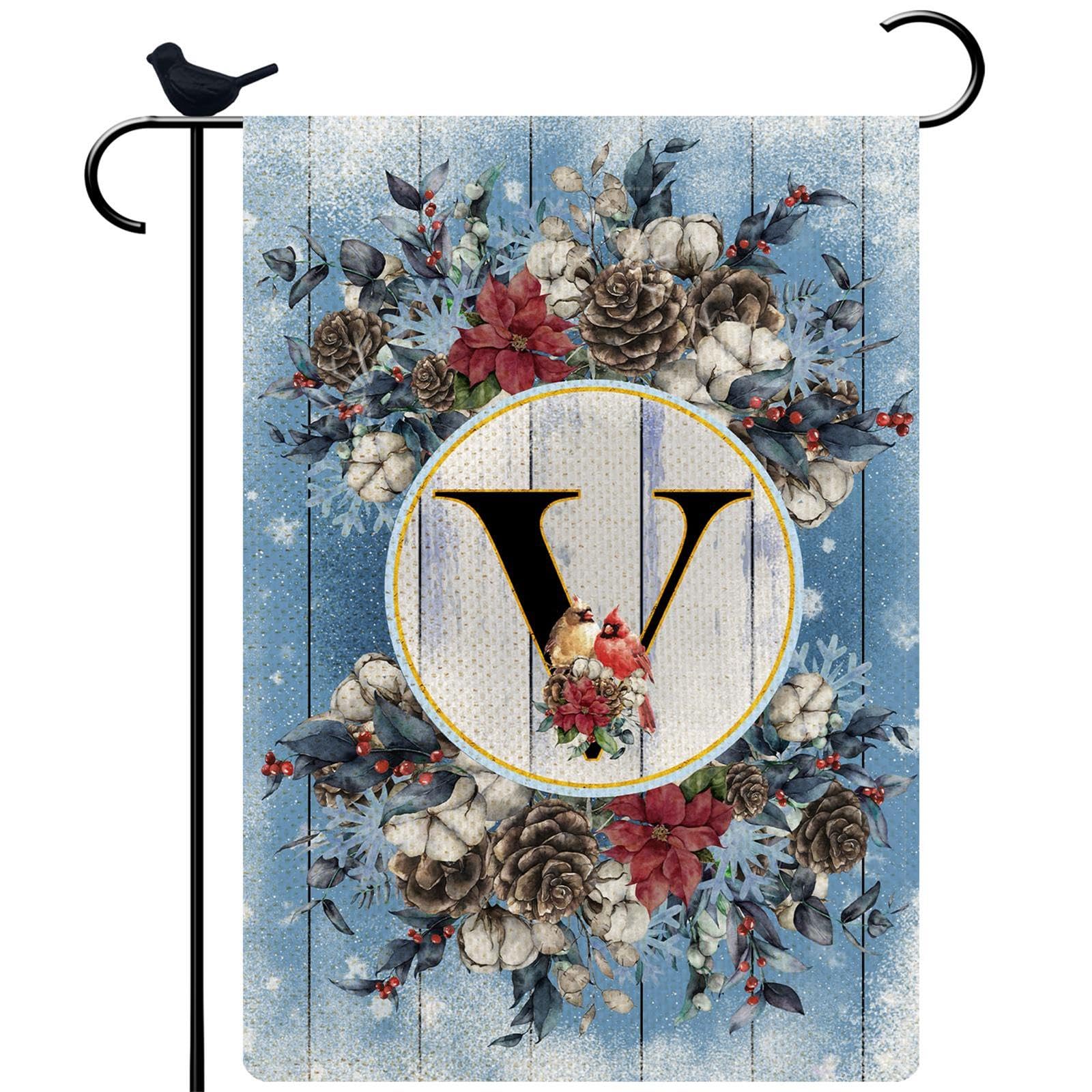 Monogram Letter V Winter Small Garden Flag Burlap Family Last Name Initial Yard Flag 12.5 x 28 Inch Snow Red Birds Floral Garden Flag Vertical Holiday Outdoor Farmhouse Decoration