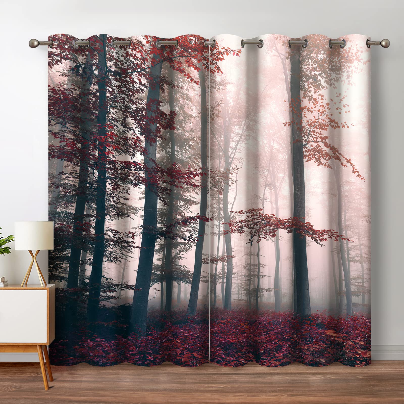 Jekeno Fall Tree Forest Blackout Curtains Autumn Orange Leaves Foggy Forest Fall Nature Scenery Wood Print Room Decor for Bedroom Living Room Grommet