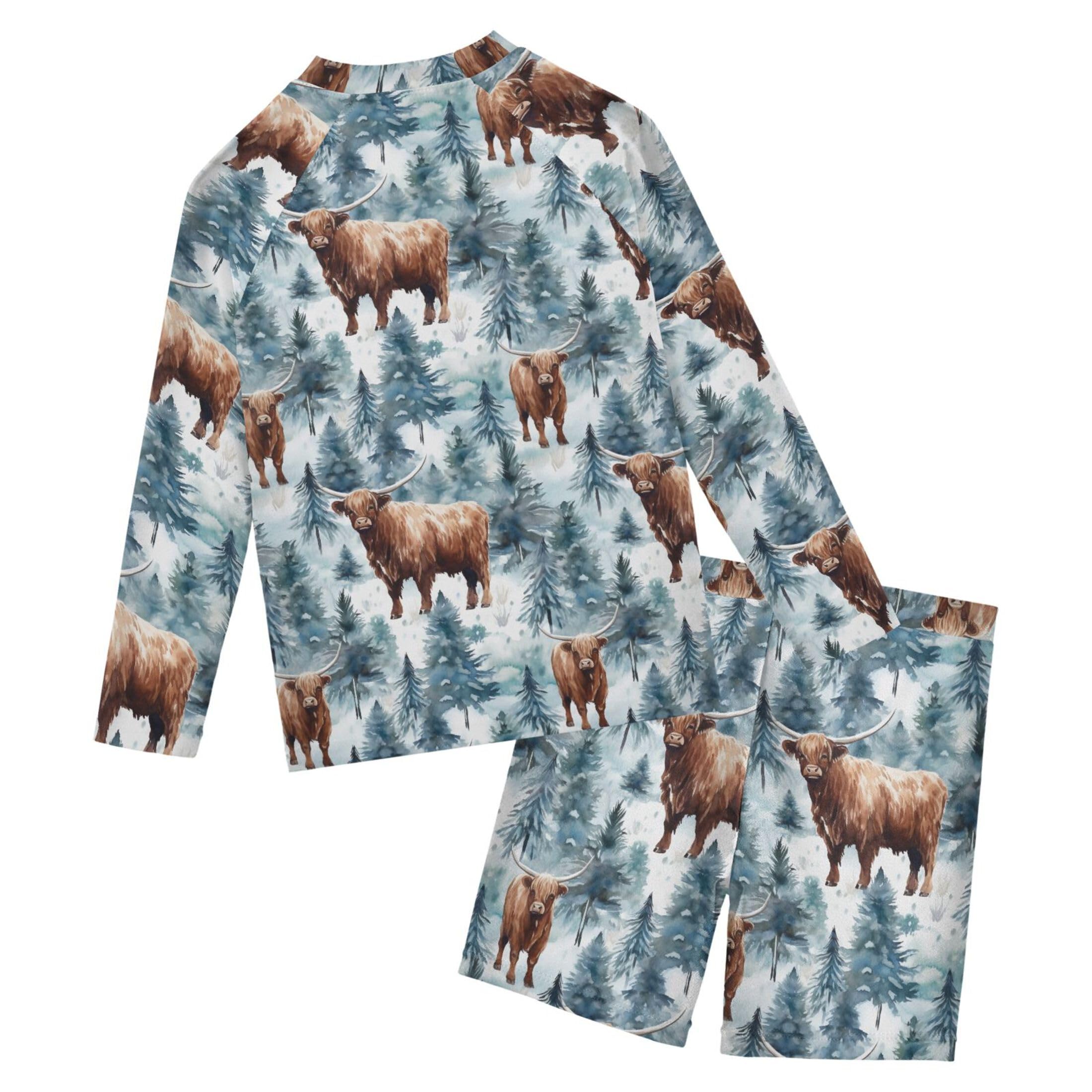 Highland Cow Animal Forest Toddlers and Baby Boys' Swimsuit Trunk and Rashguard Set B0403037
