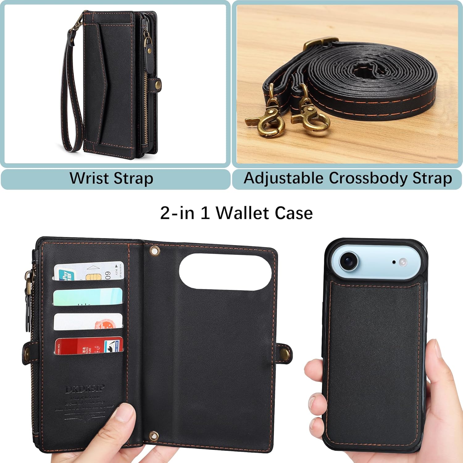 Compatible with iPhone 17 Air Wallet Case with RFID Blocking Card Holder for Women, PU Leather Flip Zipper Wallet Detachable Magnetic Phone Case Crossbody Strap, Black - Image 4