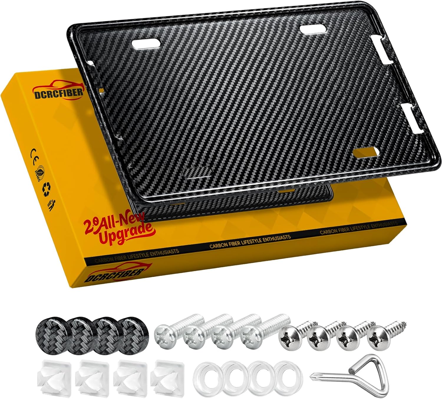 100% Carbon Fiber License Plate Frame,New Full Carbon Fiber snap-on 4 Hole License Plate Frame,unobstructed View,with Screw Caps, Anti-Vibration Pads