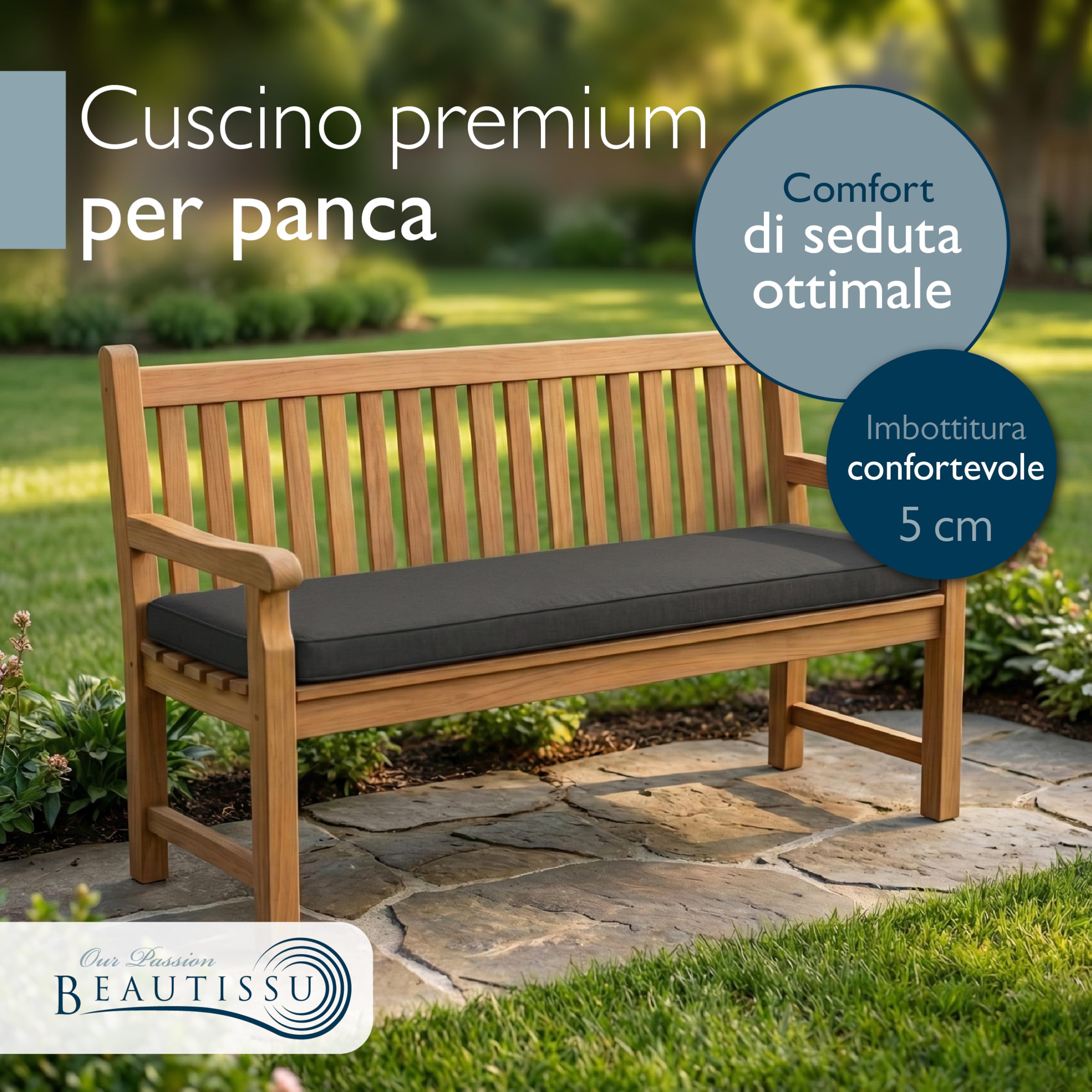Beautissu Cuscino per panchina da esterno resistente alle intemperie | 140x40cm antracite con rivestimento sfoderabile e lavabile giardino panca imbottitura seduta Calme BK