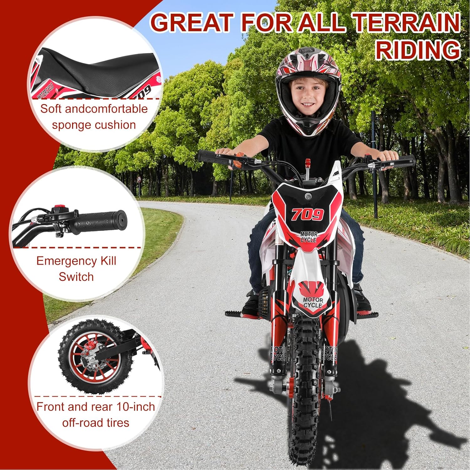 50cc Gas Dirt Bike for Kids & Teens, 2-Stroke Off-Road Mini Bike, Gas Powered Pit Bike Motorcycle for Boys & Girls, Pocket Motor Bike, 330Lbs Max (Red)
