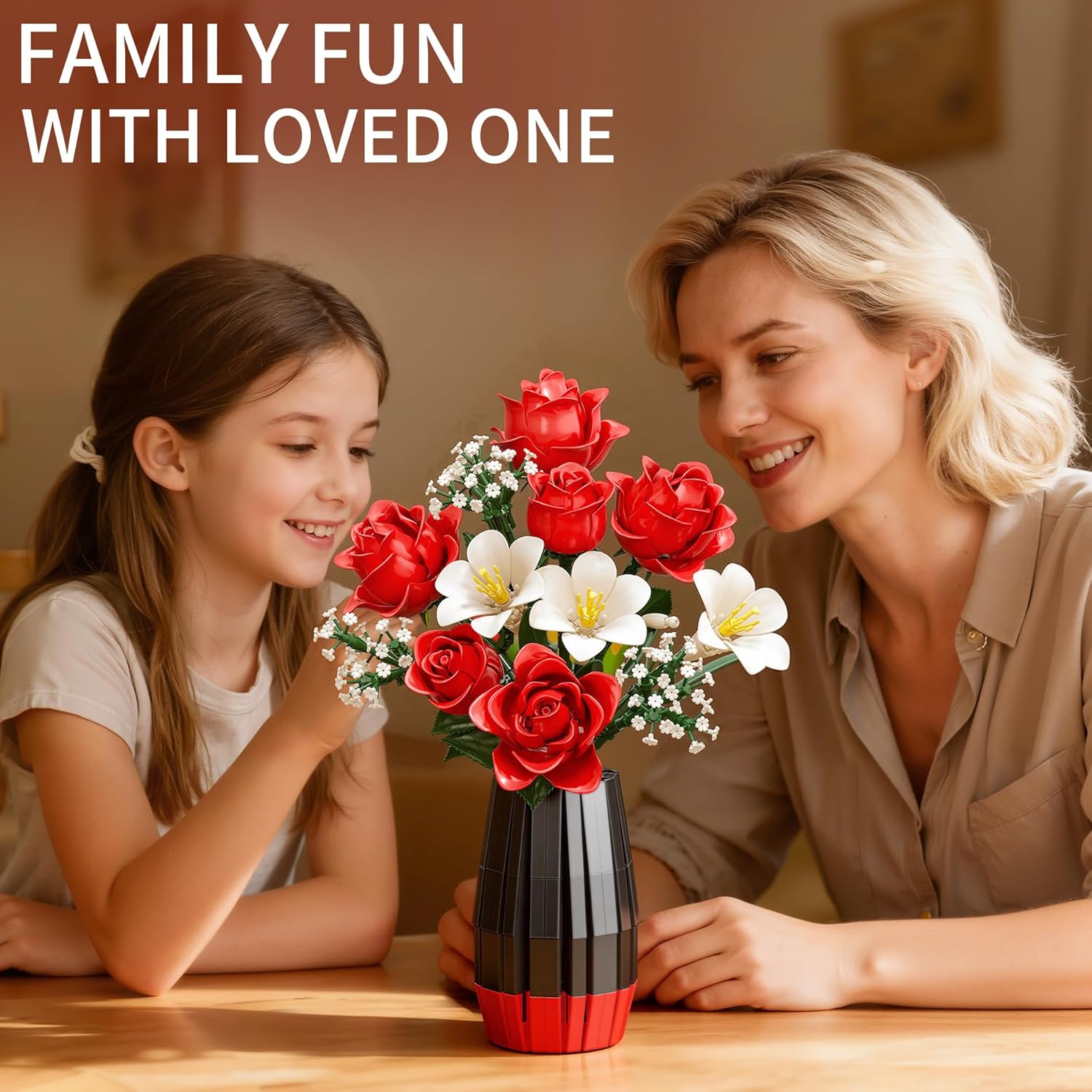 Rose Flowers Bouquet Building Set with Vase Included, 1077 PCS Artificial Flowers Botanical Collection Kit for Adults Women Men & Teen Girl, Mother's Day Birthday Gifts for Mom Her Wife Girlfriend