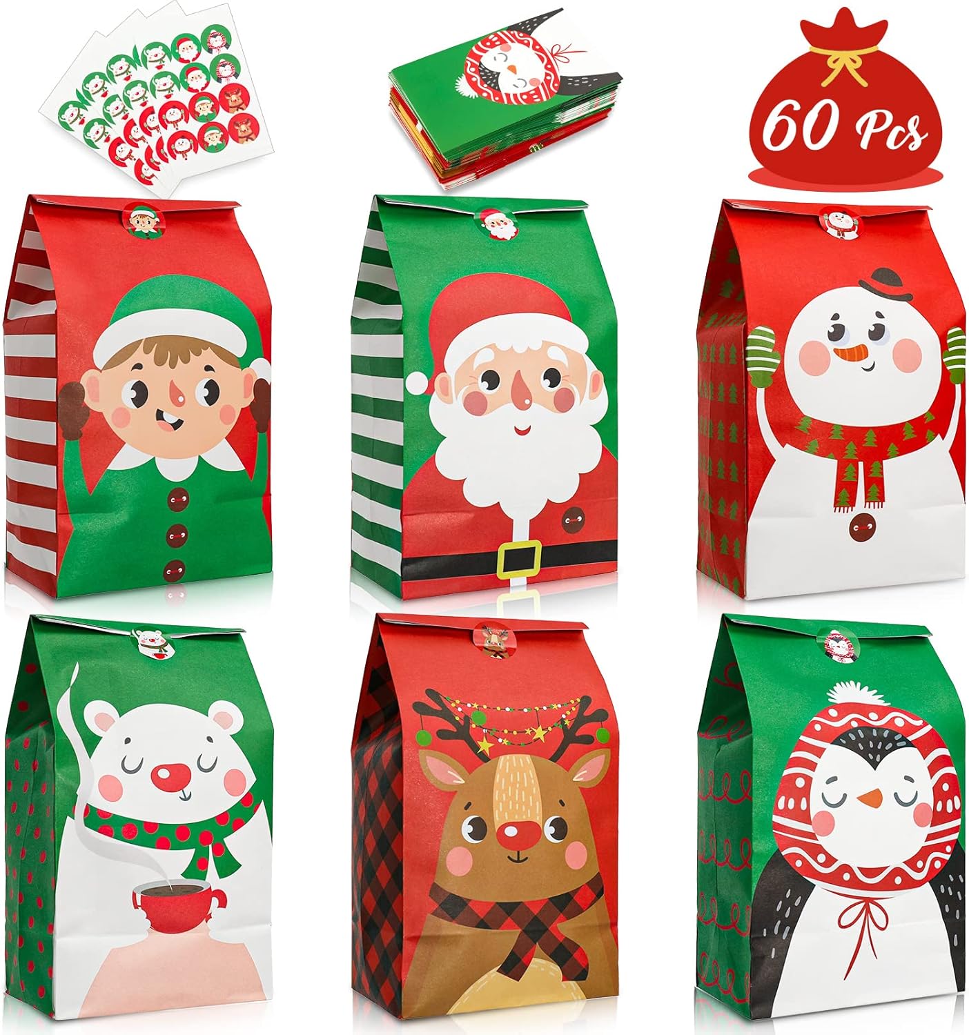 Whaline 60 Pack Christmas Goody Bags Holiday Design Gift