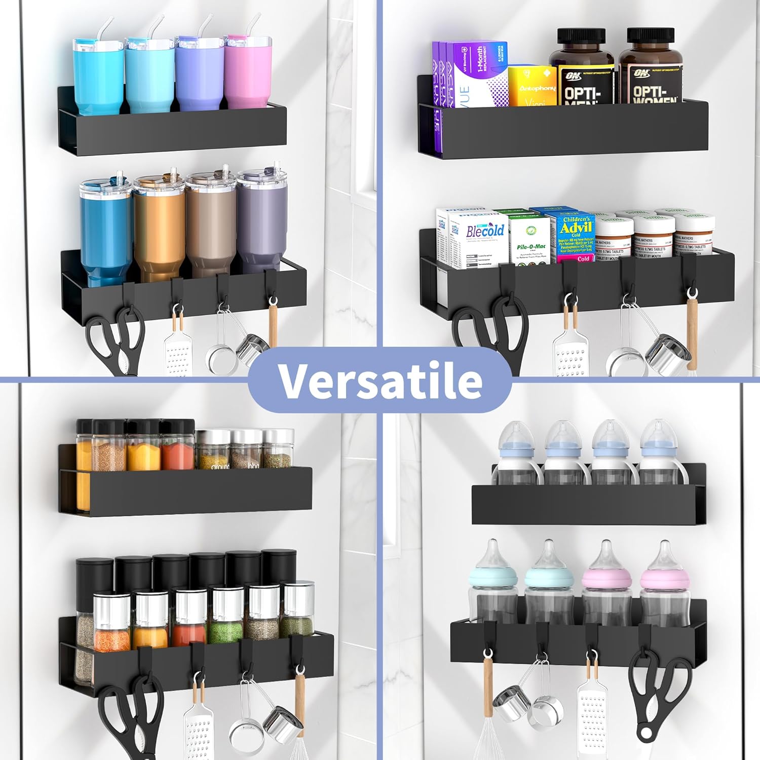 Magnetic Spice Rack for Refrigerator with Hooks, Magnetic Fridge Storage Organizer for Water Bottle, Magnetic Stanley Cup Holder for Kitchen, Black, 2 Pack - Image 6