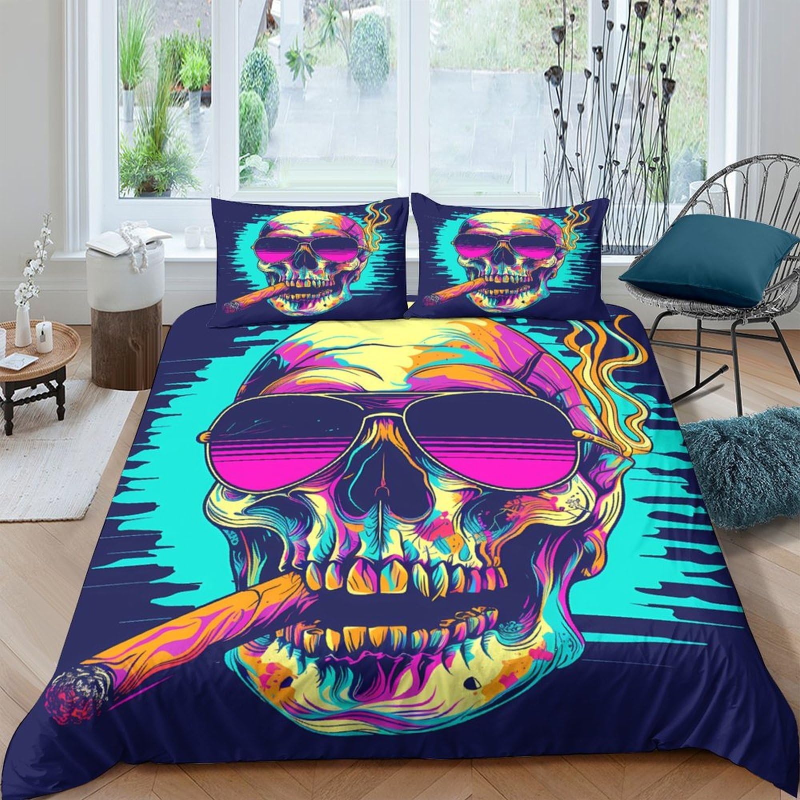 Ctjqhvkz Style-10 3D Printed Neon Skull Fitted Sheet Microfiber Soft Breathable Smoking Sunglasses Mattress Cover For Bedroom Dorm Decor Single（135X200cm）