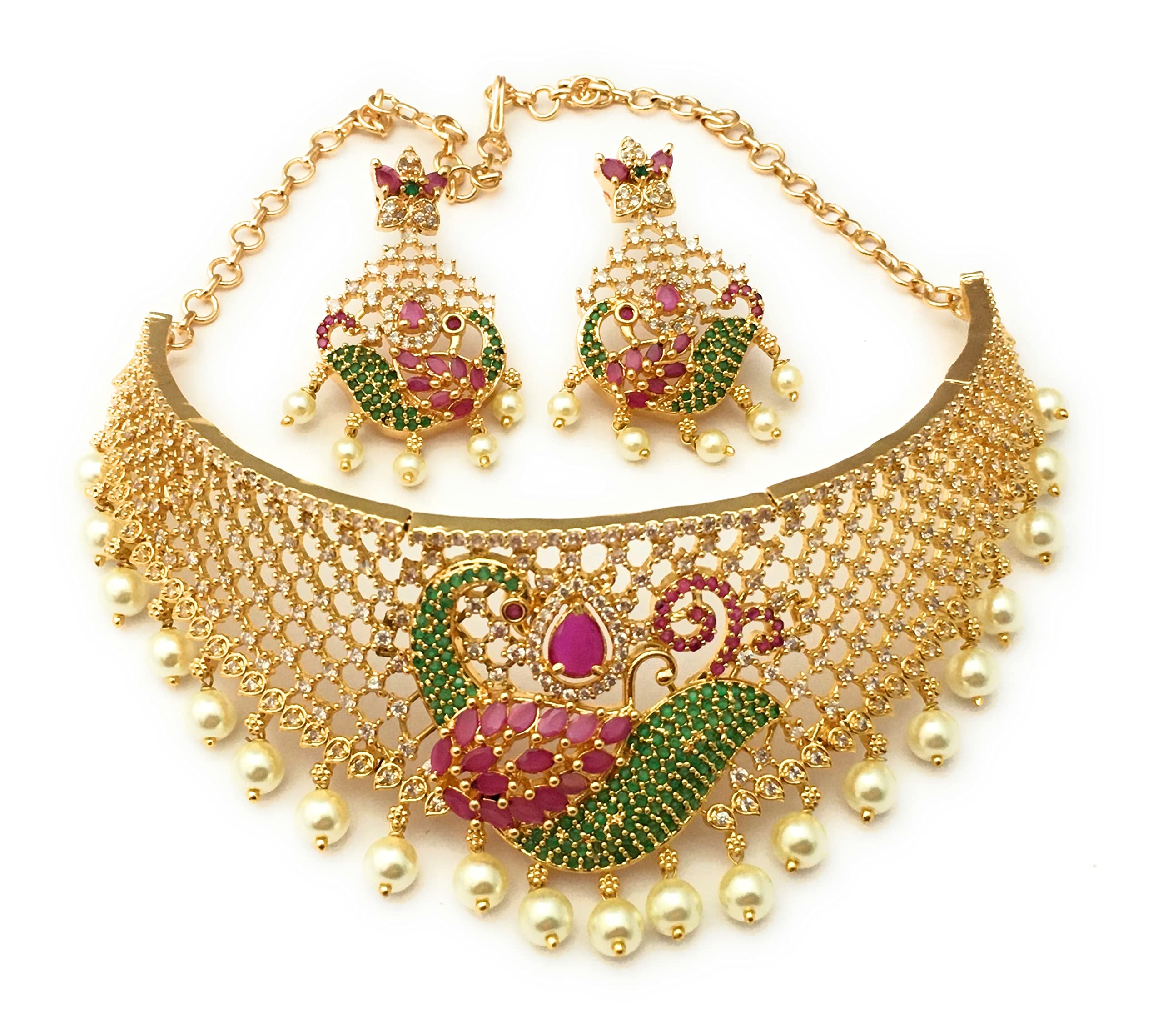 Sasitrends Micro Gold Plated AD American Diamond Studded with Pearl Beaded Choker Necklace Jewellery Set for Women & Girls (B0C33RRBH4) Amazon Price History, Amazon Price Tracker
