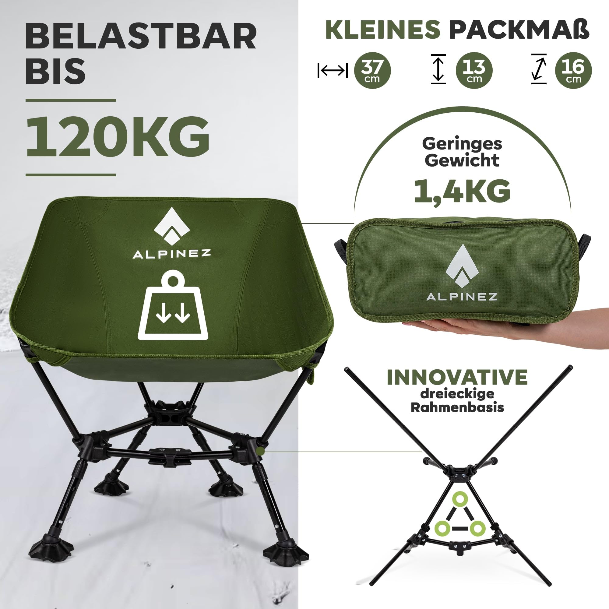 ALPINEZ Faltbarer Campingstuhl Ultraleicht Hhenverstellbar  Klein Packma  Angelstuhl Strandstuhl Bis 120kg