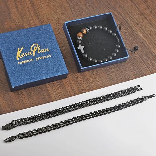 Vista 5 de KesaPlan Pulseras para hombre, pulseras de cruz de piedra natural para hombre, acero inoxidable, ancho de bordillo, cuerda de plata, pulseras
