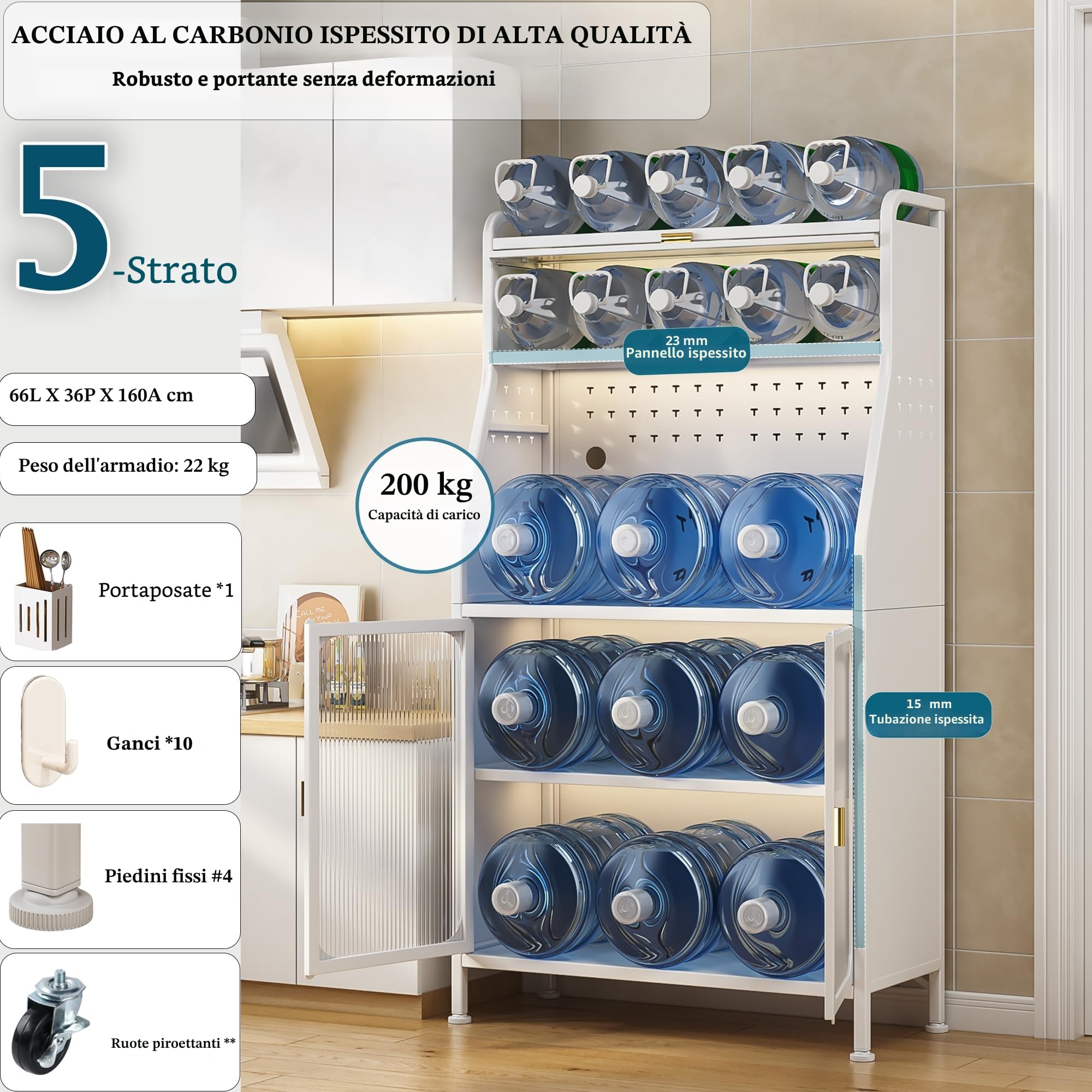 Fiutazge Largo 66 cm Credenza Cucina Alta con Ante in Acrilico,Mobile Cucina con Ripiani Regolabili,Ruote e Foro Passacavi,Credenza Soggiorno Montaggio Senza Attrezzi per Pranzo Ingresso-Bianco