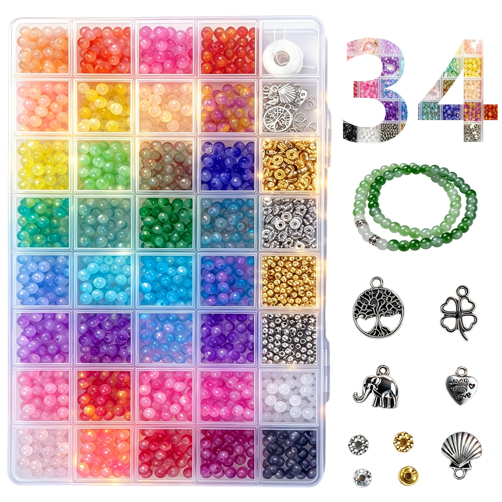 1435 Pcs Bracelet Making Kit, 34 Colors Glass Beads, 6mm