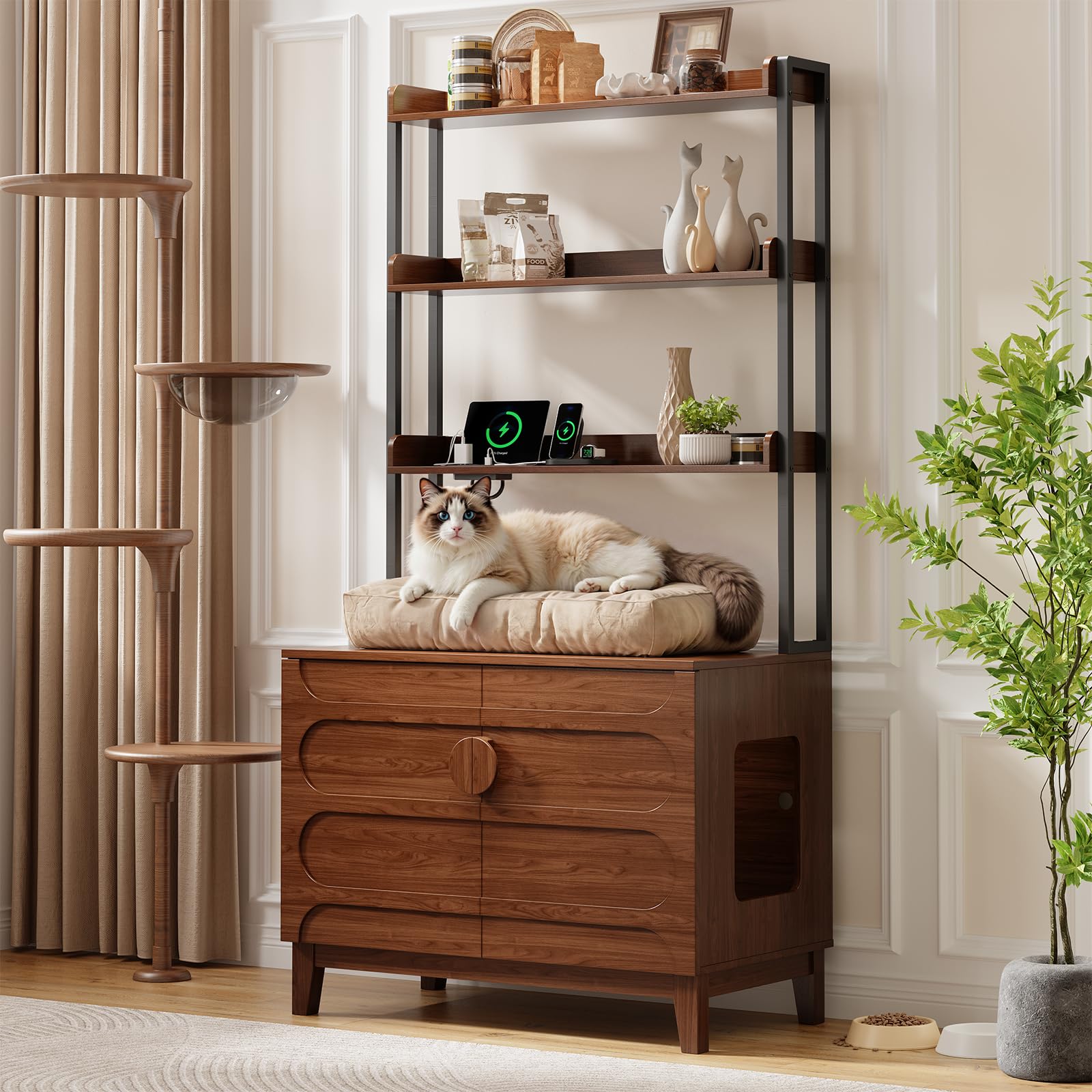 ONBRILL 68" Cat Litter Box Enclosure Furniture, Hidden Litter Box Cabinet with 4-Tier Storage Shelves and Outlet, Kitty Washroom Cabinet and Pet House, Fit Most of Litter Boxes for Living Room, Walnut
