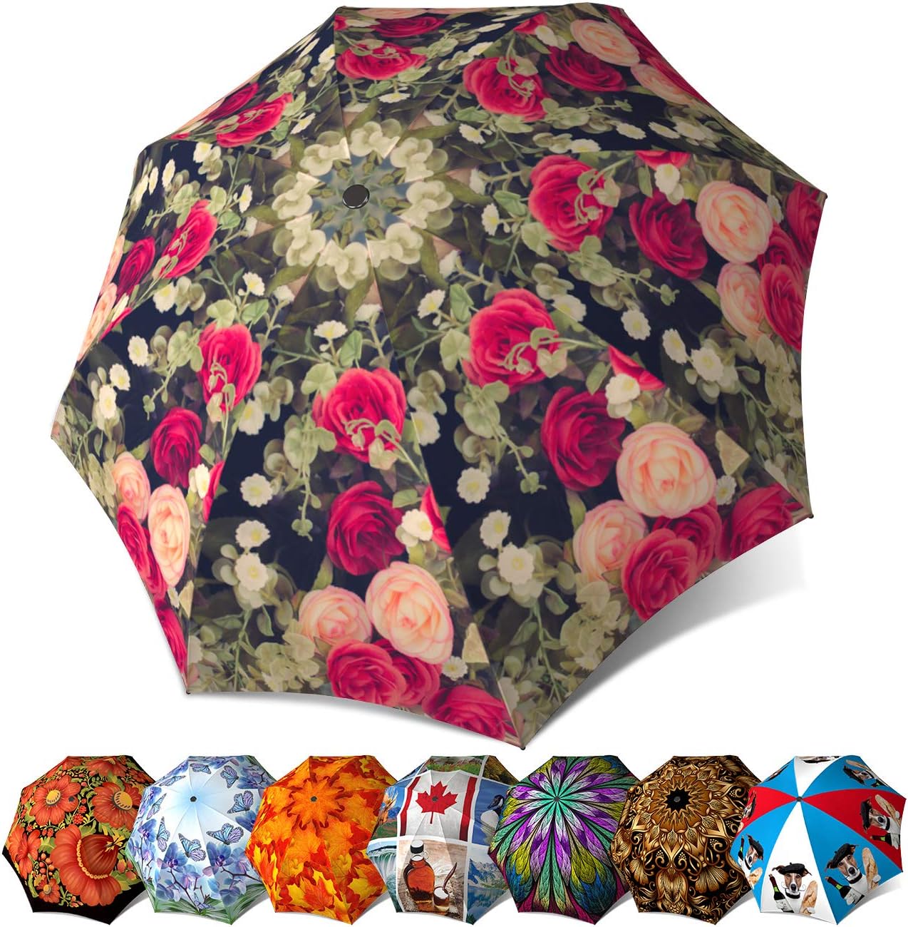 Red Flowers Designer Automatic Open Close Rain Umbrella - Compact Fashionable Floral Umbrella Vintage Roses Design