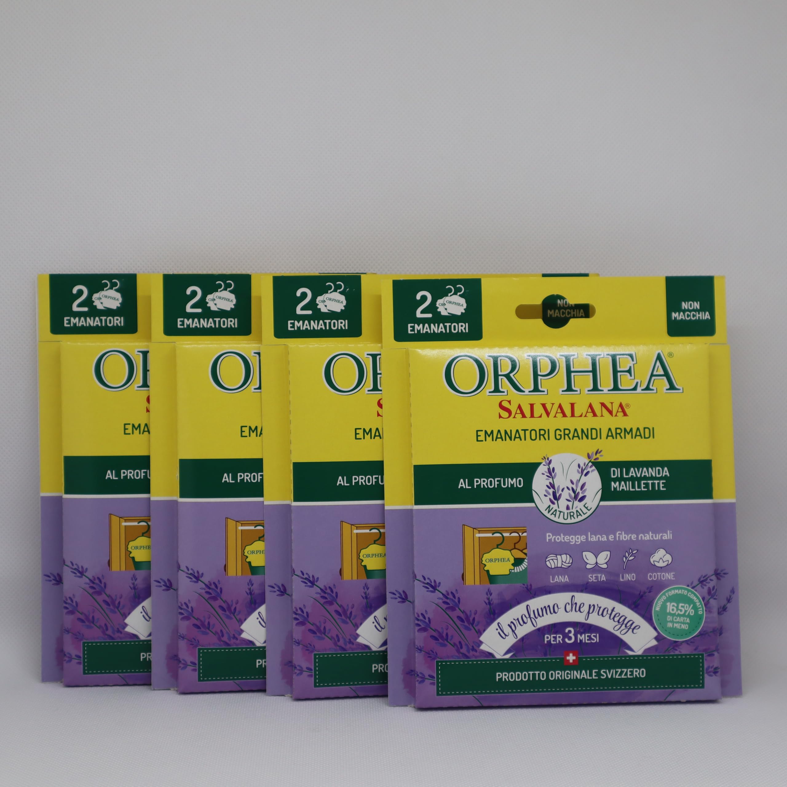 Orphea 4X Salvalana Emanatori Grandi Armadi Protegge Lana e Fibre Naturali al Profumo di Lavanda Maillette - 4 Confezioni da 2 Emanatori Ognuna