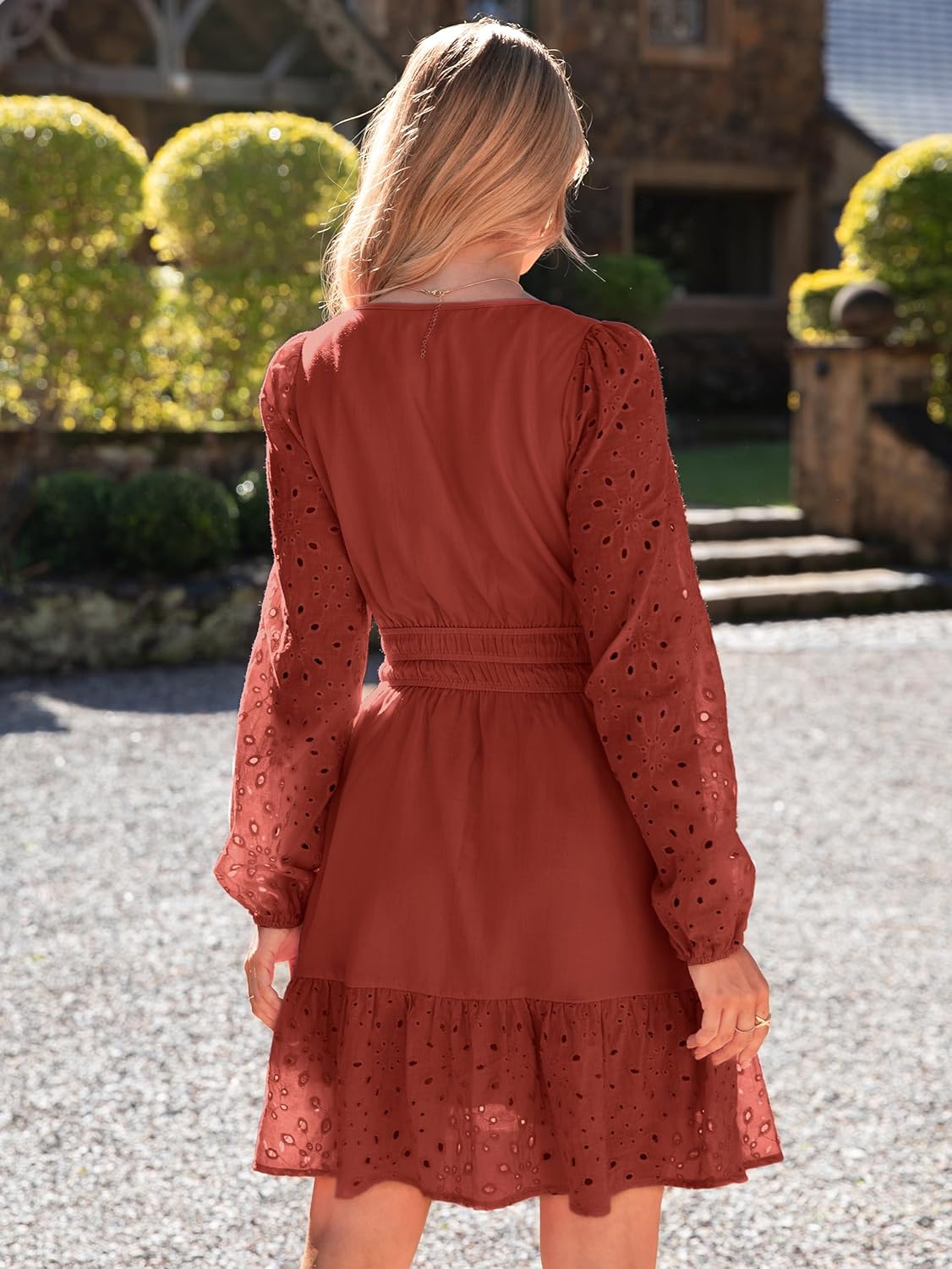 Simplee Womens Eyelet Long Sleeve Mini Dress 2025 Fall Boho Embroidery V Neck A Line Casual Short Party Dresses - Image 4