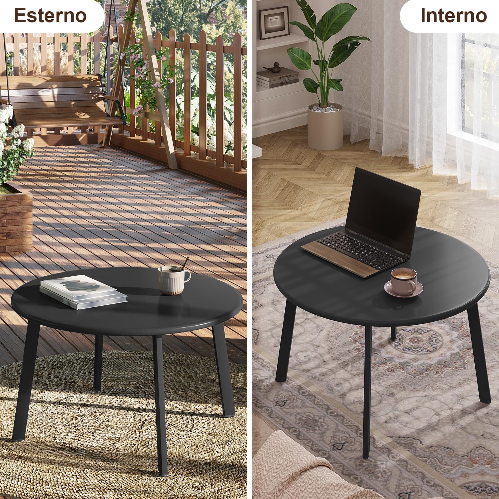 eSituro Tavolo da Giardino, Tavolo da Esterno, Tavolino Salotto Rotondo, Tavolino da Balcone, Stile Industriale, per Interni ed Esterni, in Metallo Nero, φ70xH40cm