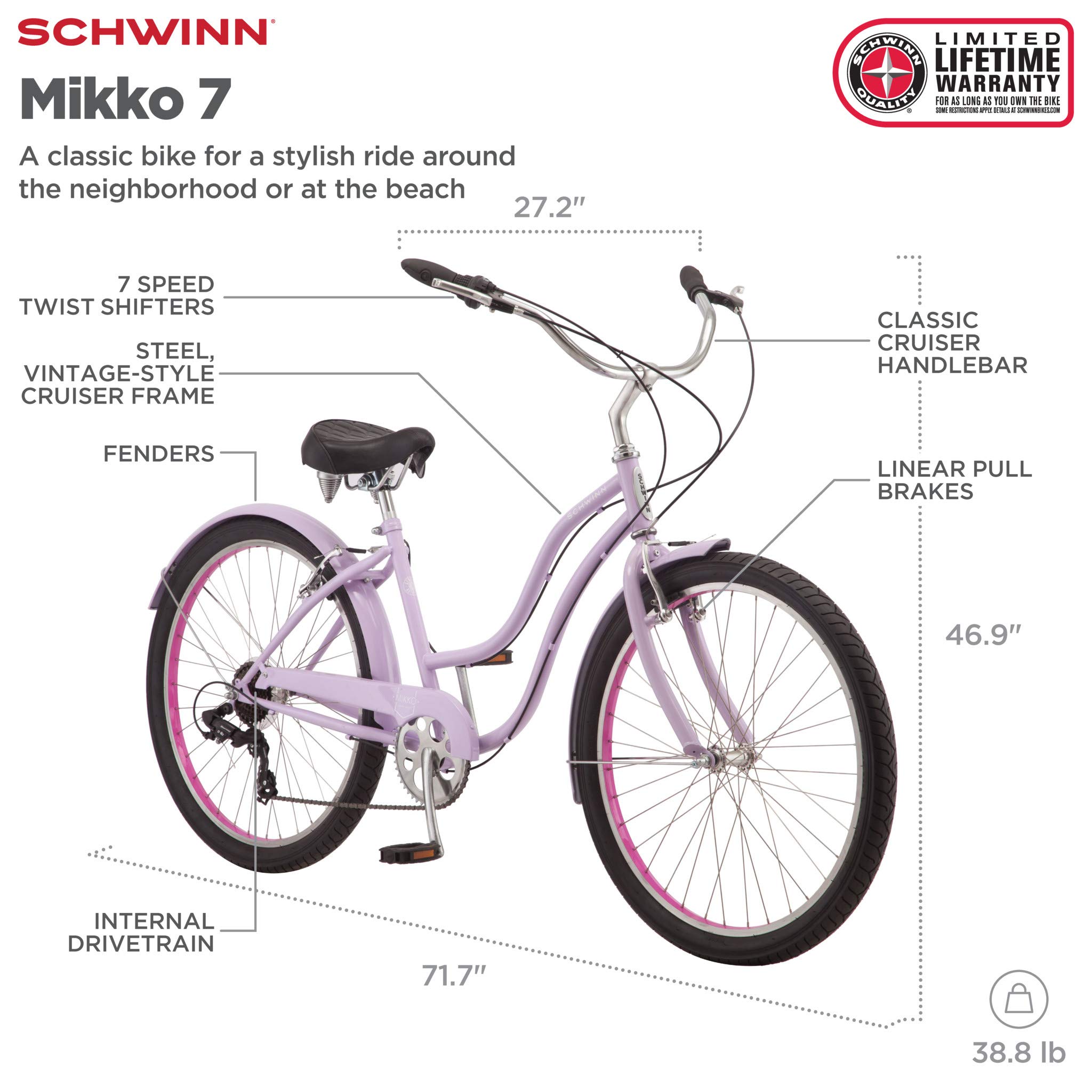 Amazon.com : Schwinn Mikko Adult Beach Cruiser Bike, Featuring 17