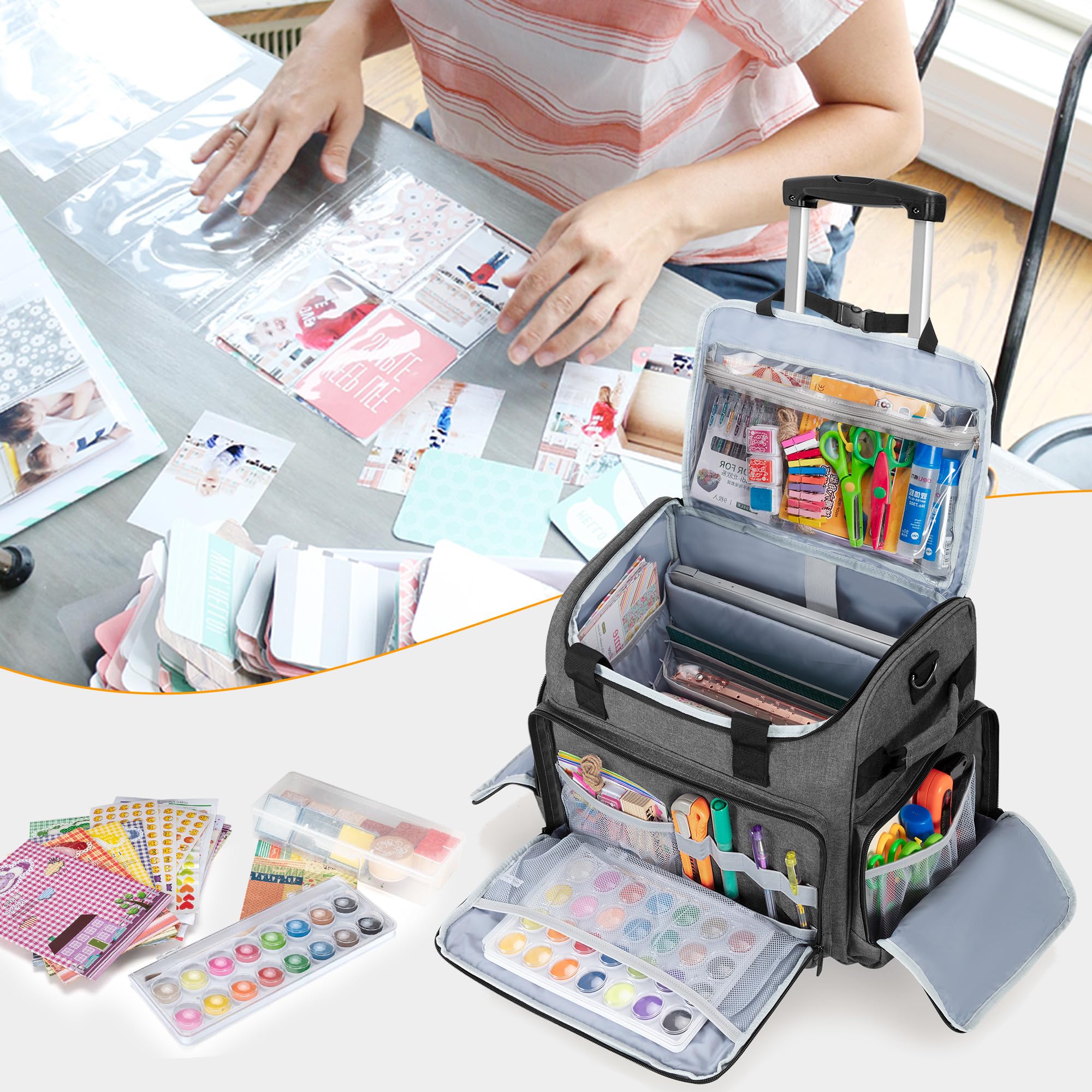 CURMIO Sac à roulettes pour Scrapbooking avec Poches Extensible, Gris | Valise à Roulettes Multifonctionnelle, pour Scrapbook/ Artisanales/ Couture/ DIY Materiel, Sac Vide