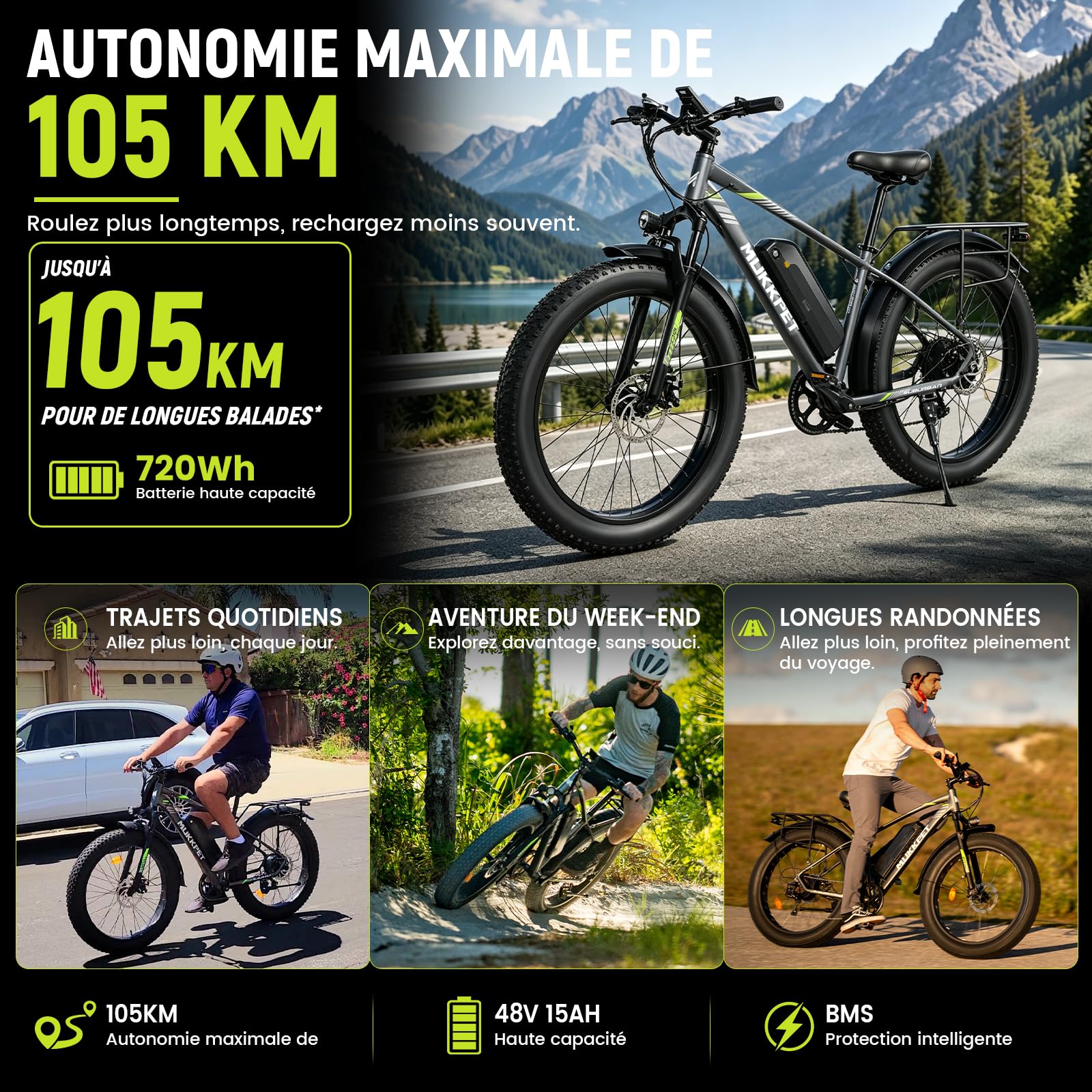 Rattan Vélo Électrique Adulte Fat Bike Électrique 26 Pouces, Batterie 720Wh, Autonomie 105km, Pneus Larges 26" x4.0, Vélo Tout Terrain avec Freins à Disque 180mm