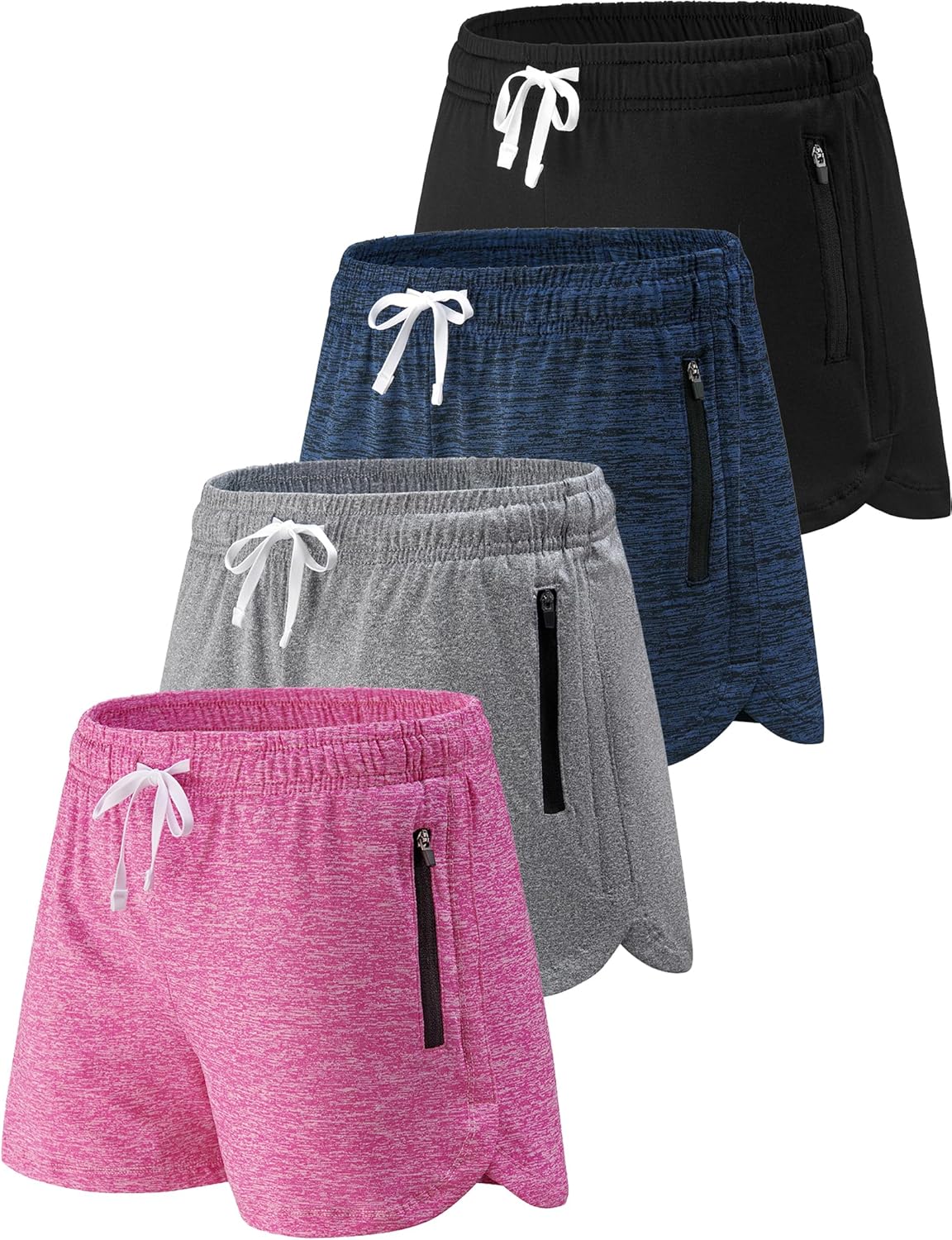 4 Pack Youth Girls Athletic Shorts 3", Girls Soccer Shorts, Kids Workout Gym Clothes Activewear Apparel with Zipper Pockets