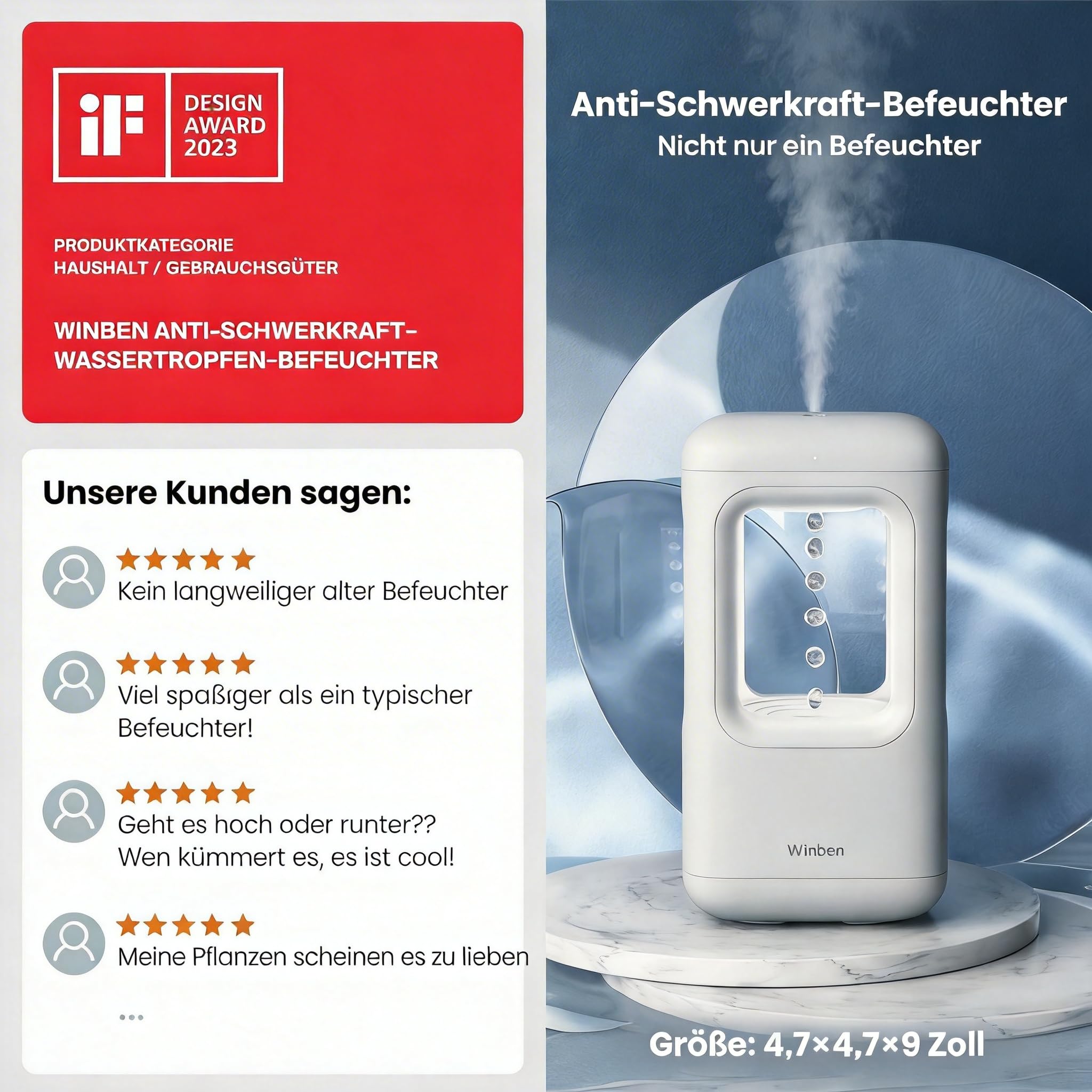 Ultraschall Luftbefeuchter Weiß, Flüsterleise Kaltnebel mit Abschaltautomatik, Red Dot Design Award 2023, Luftbefeuchter für Schlafzimmer, Babyzimmer, Büro & Pflanzen