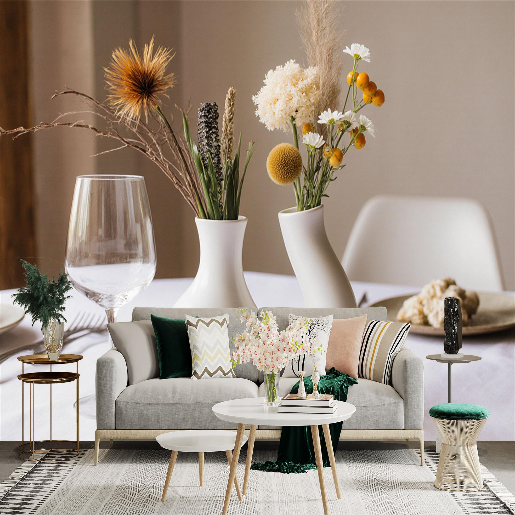Custom Size Wall Sticker Mural， Modern White Ceramic Vase with Dried Flowers， Aesthetic Table Decor， Minimalist Floral Arrangement， for wall Decoration， peelandstick wall Decals.