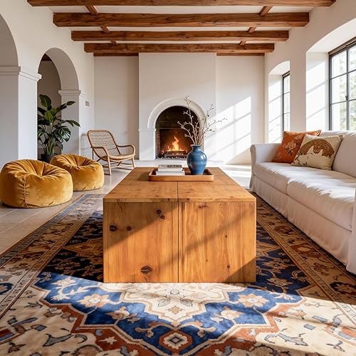 Miniatura 7 de Mesa auxiliar rectangular de madera maciza de 47 pulgadas, mesa central de granja con veta de madera natural, construcción resistente sin tambaleo