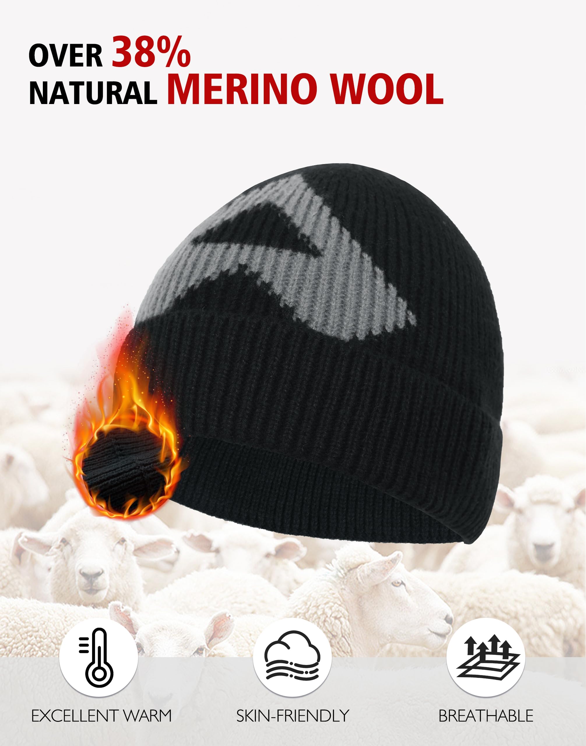 Pioneer Camp Bonnet d'hiver en laine mérinos épaisse pour homme - Pour temps froid - Pour randonnée, ski, escalade - Décontracté - Extérieur