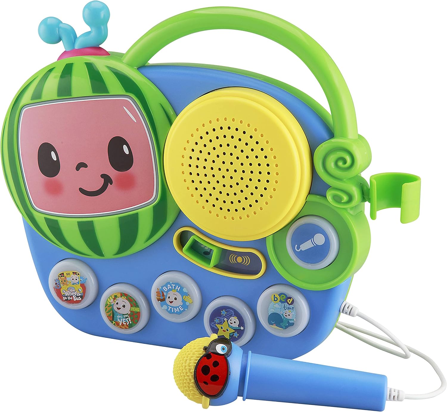 EKids Cocomelon Toy Singalong Boombox with Microphone for Toddlers and Young Children, Built-in Music and Flashing Lights, for Fans of Cocomelon Toys and Gifts