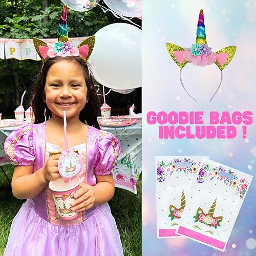 Miniatura 7 de Decoraciones de fiesta de cumpleaños de unicornio para niñas. Suministros desechables para fiesta de cumpleaños. Platos, tenedores, tazas,