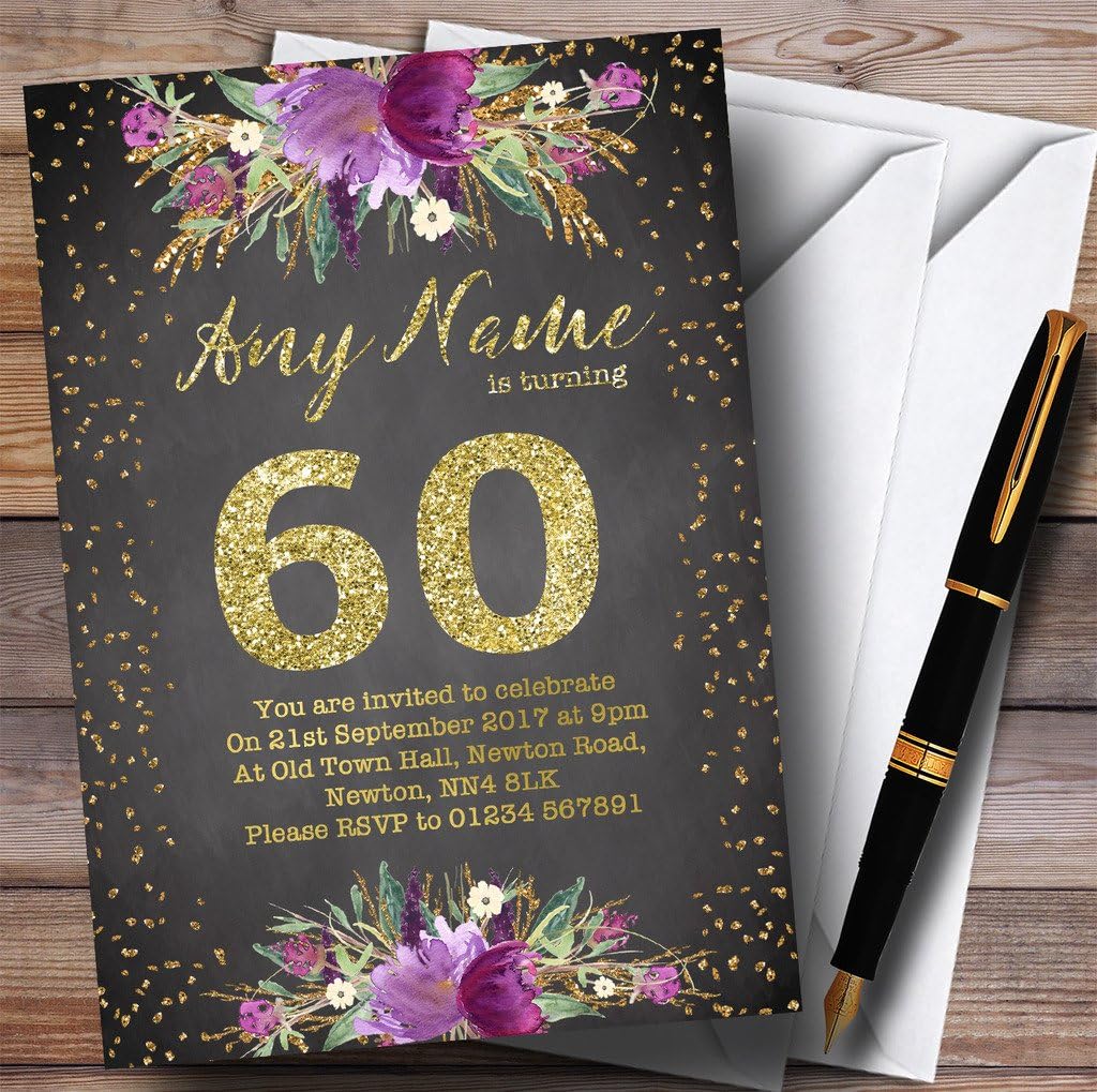 Chalk Watercolour Purple Gold 60th Personalized Birthday Party Invitations