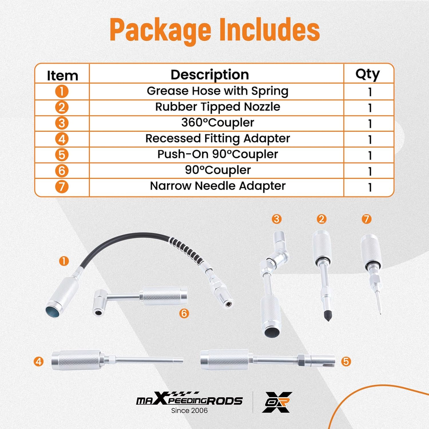 maXpeedingrods 7Pc Grease Gun Accessory Kit, Universal Grease Gun Coupler Set, Grease Gun Fitting Adapter Set, Rubber Tipped Nozzle, Needle Adapter, 90 and 360 Degree Coupler with Grease Gun Hose
