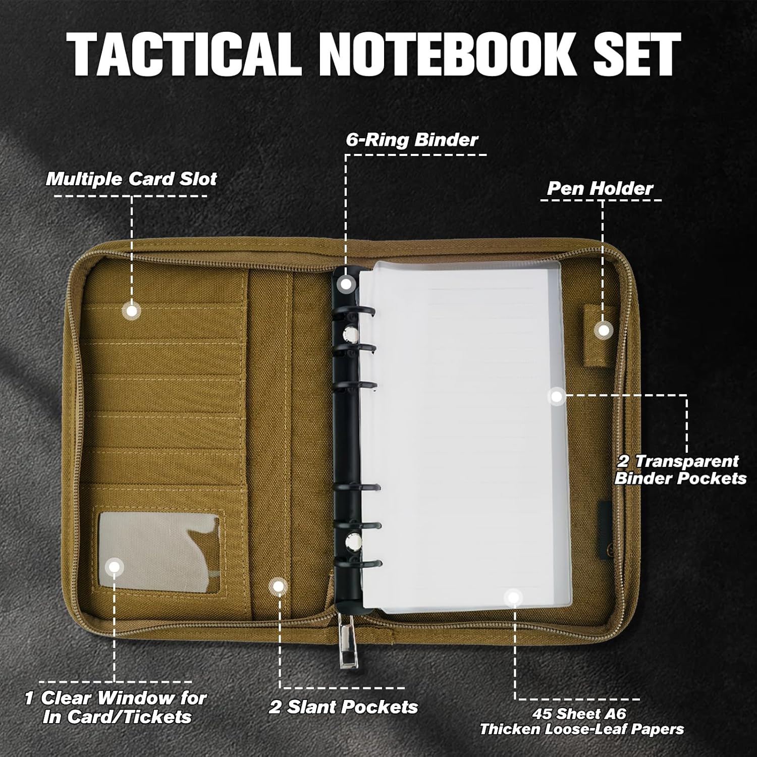 Tactical Notebook Padfolio Ring Binder with 45 Sheets,Weatherproof Military Notebook Cover with Zippered Padfolio Organizer,Refillable 6-Ring A6 Binder Notepad (Khaki)