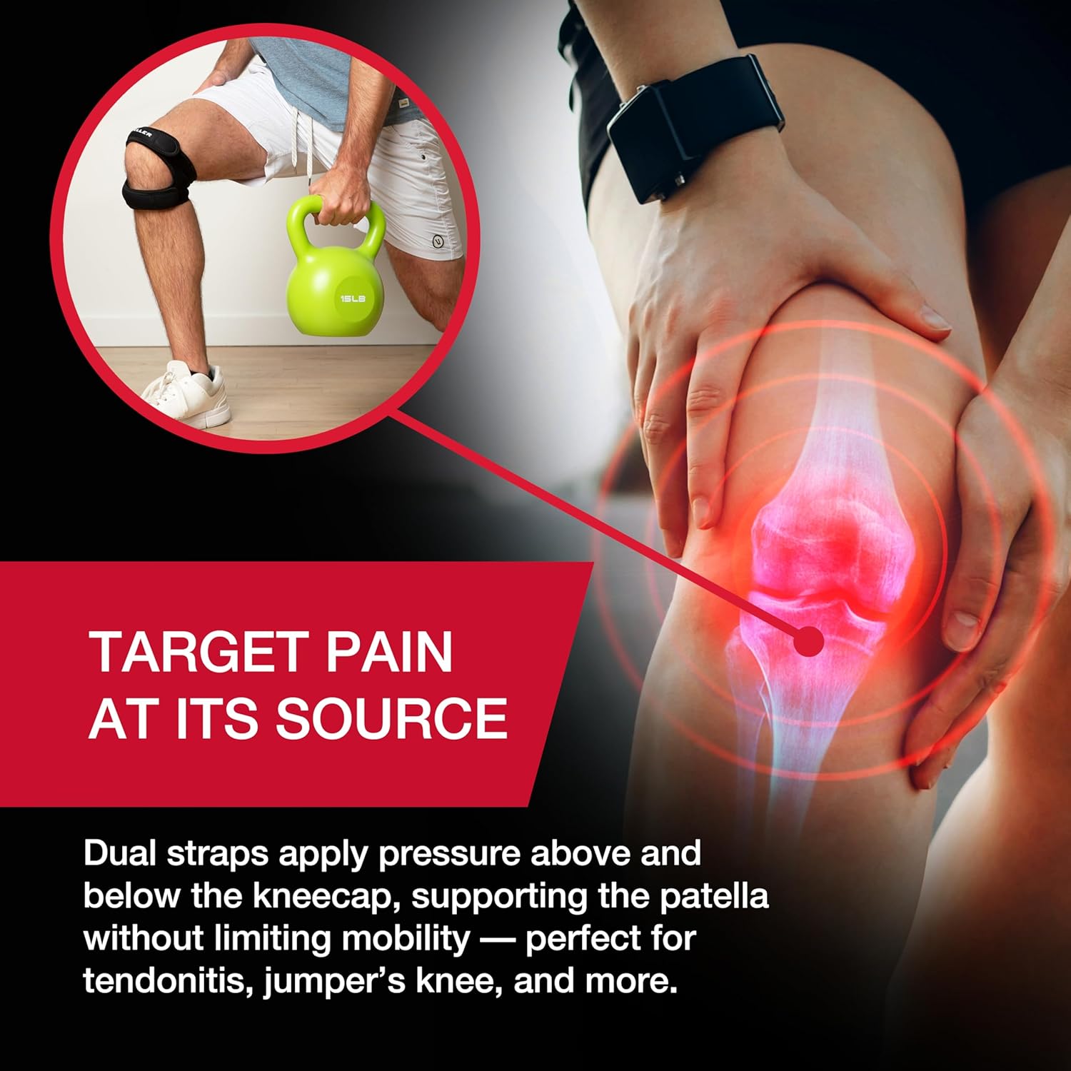 MUELLER Sports Medicine Adjustable Max Knee Single Strap for Men and Women, Compression & Pain Relief Support for Osgood-Schlatter's, Runner's Knee, Patellar Tendinitis, Black - Image 5