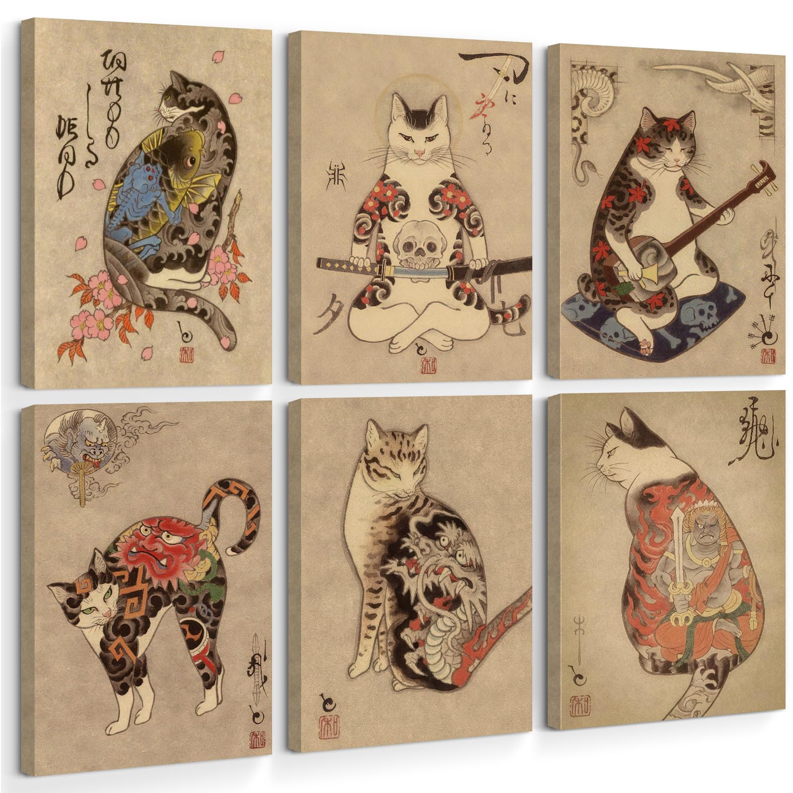 Japanese Cat Wall Art Samurai Cat Canvas Poster Anime Wall Decor Asian Prints Japan Painting Japanese Home Poster Tattoo Fantasy Artwork Funny