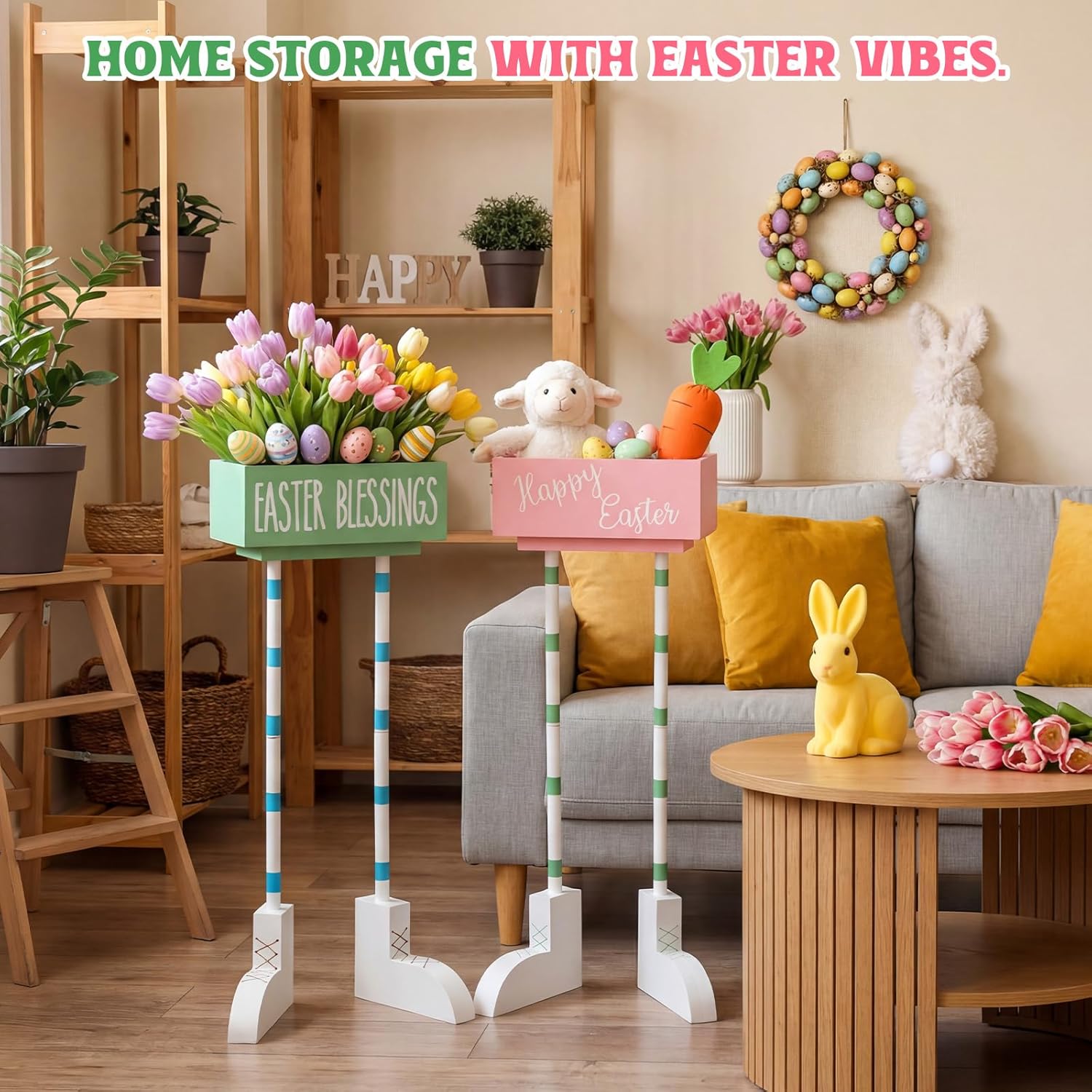 FillTouch 2 Set Outdoor Easter Porch Decorations 30 Inch, Wooden Standing Planter Box with Bunny Feet, Easter Egg Holder Large Planter Spring Entryway Decor for Front Door Farmhouse Indoor Holiday