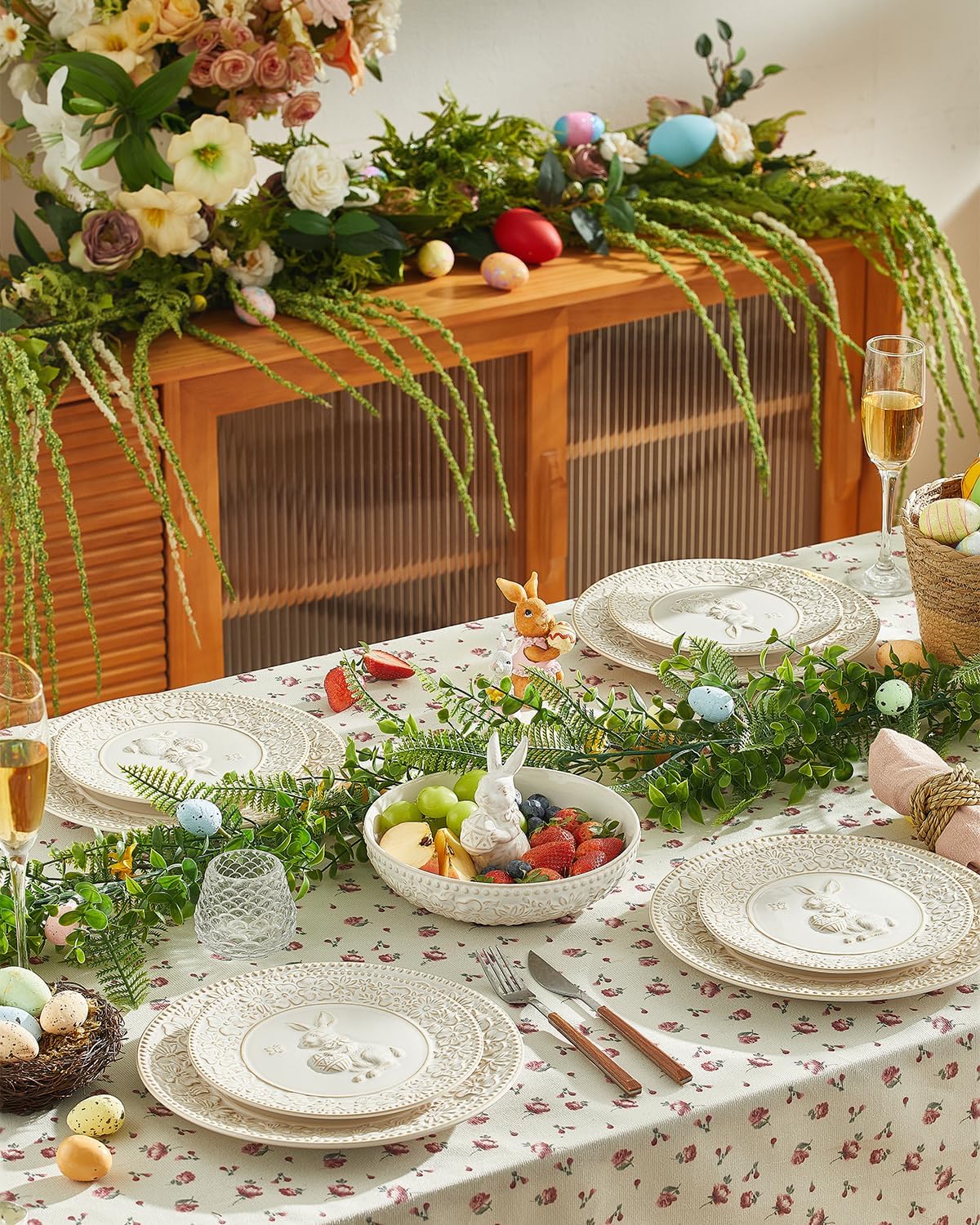 Easter Salad Plates, 8 Inch Ceramic Bunny Plate Set, Floral Dessert Dishes, Small Dinner Plates, Dishwasher & Microwave Safe, Set of 6, Cream White